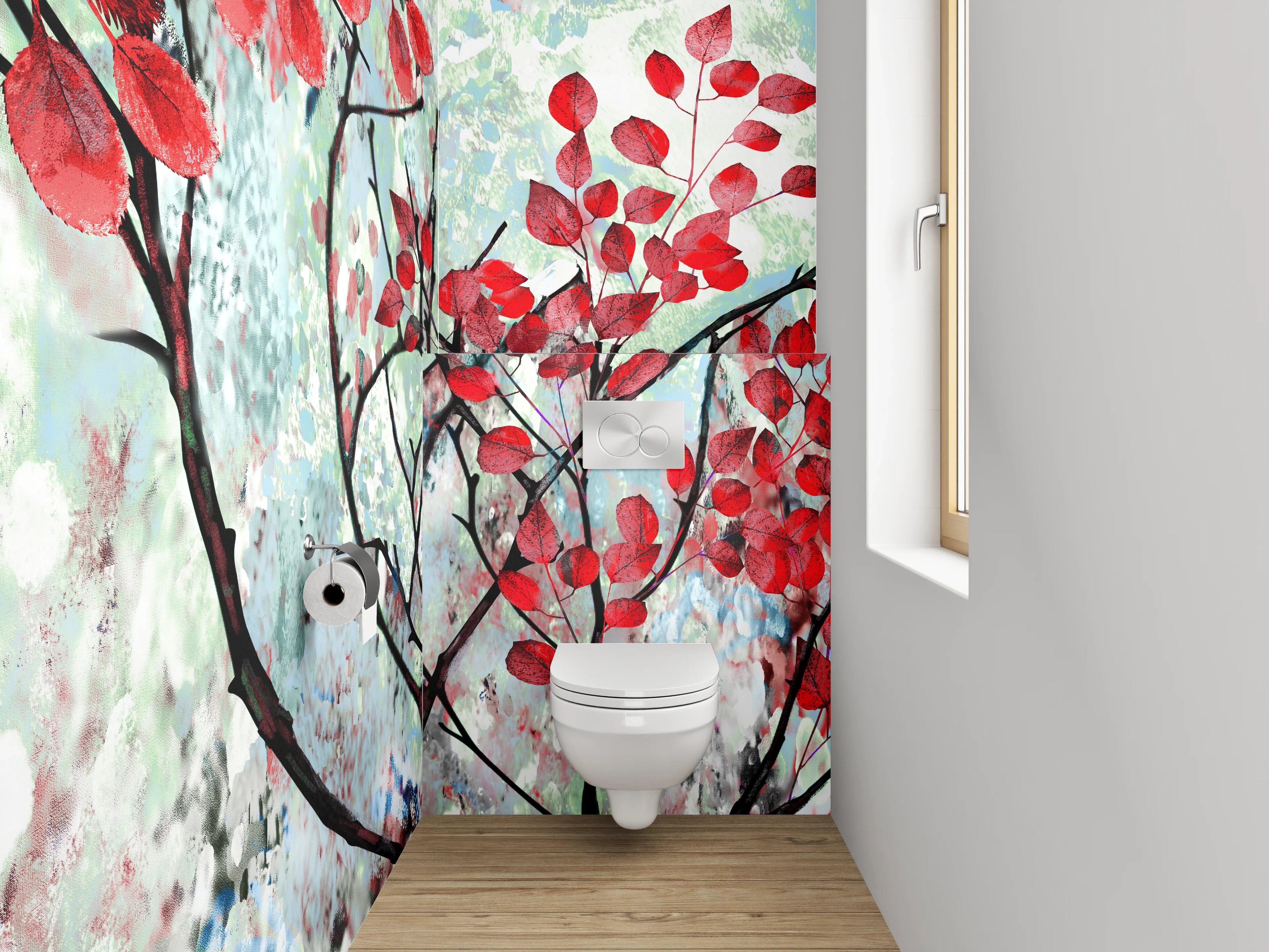WC-Rückwand - Rotes Blattwerk im Aquarellstil