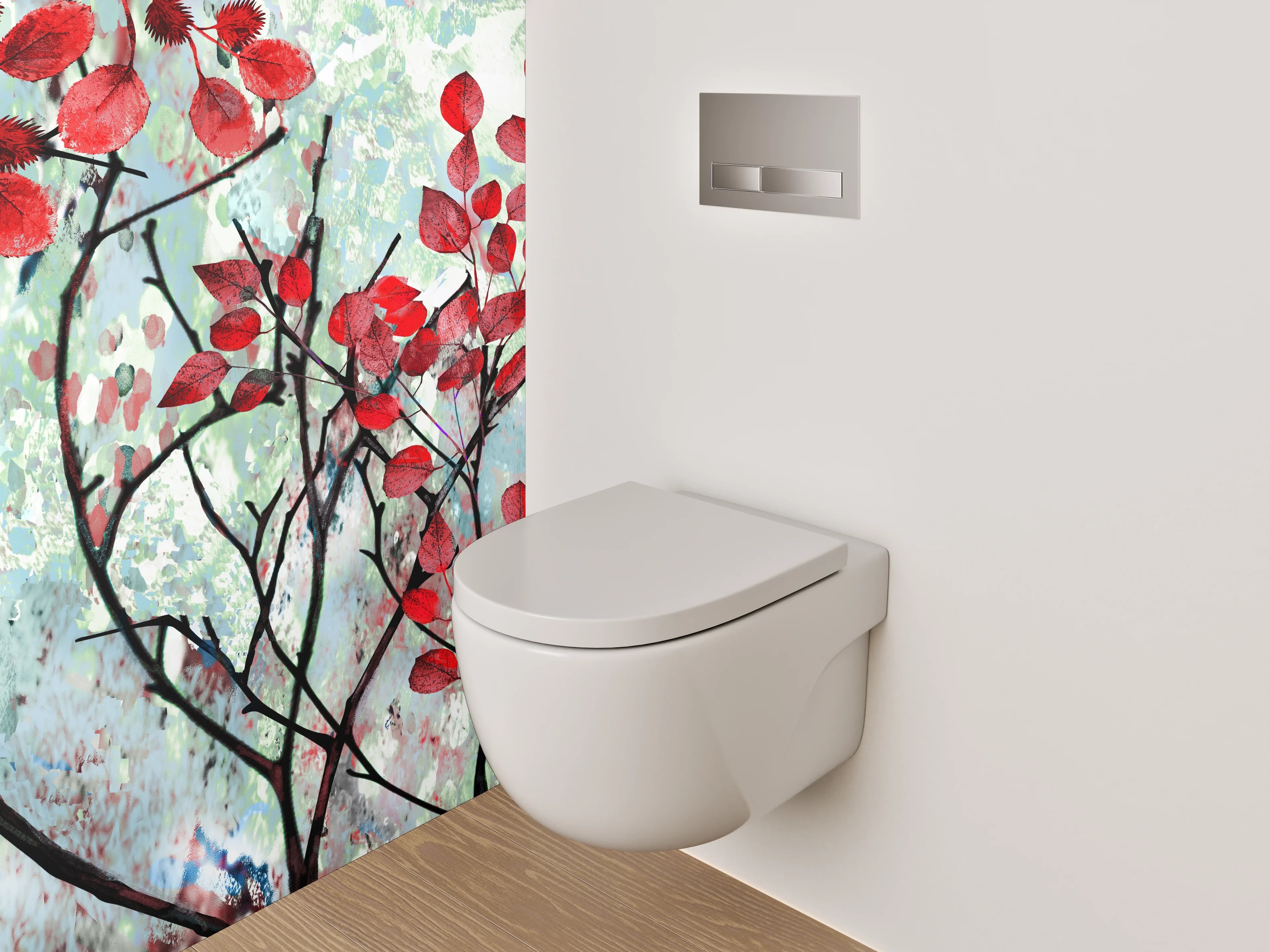 WC-Rückwand - Rotes Blattwerk im Aquarellstil