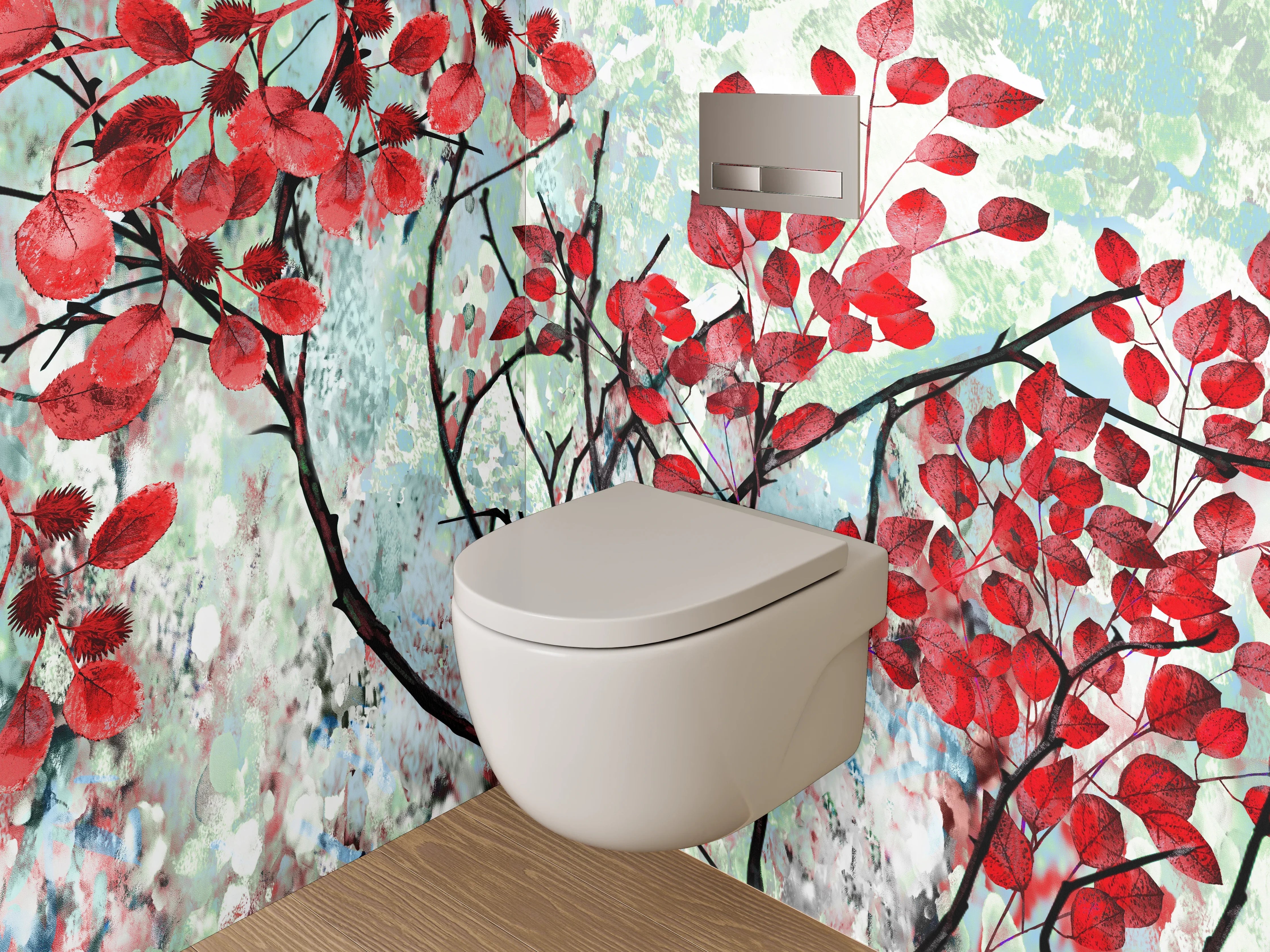 WC-Rückwand - Rotes Blattwerk im Aquarellstil