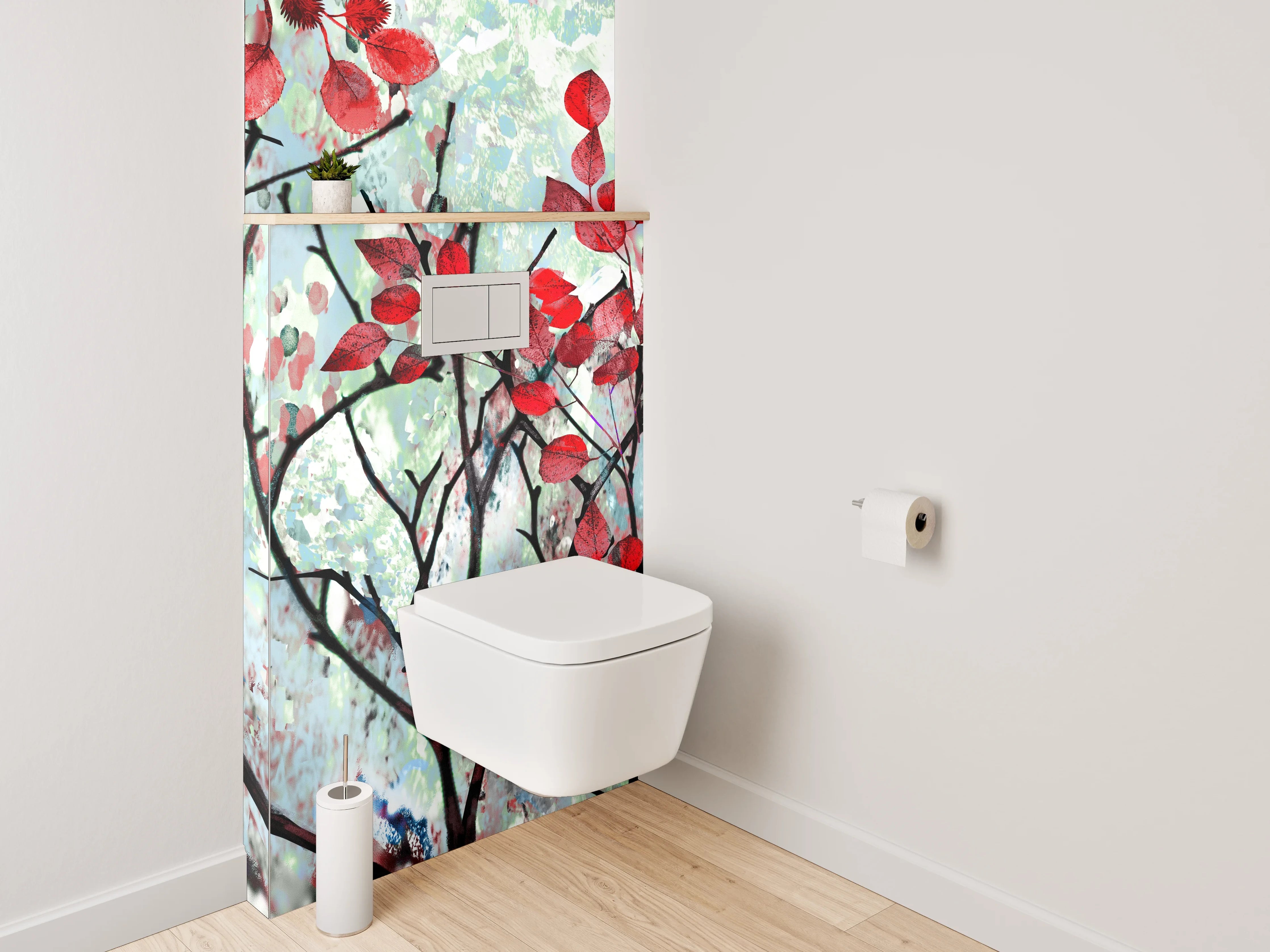 WC-Rückwand - Rotes Blattwerk im Aquarellstil