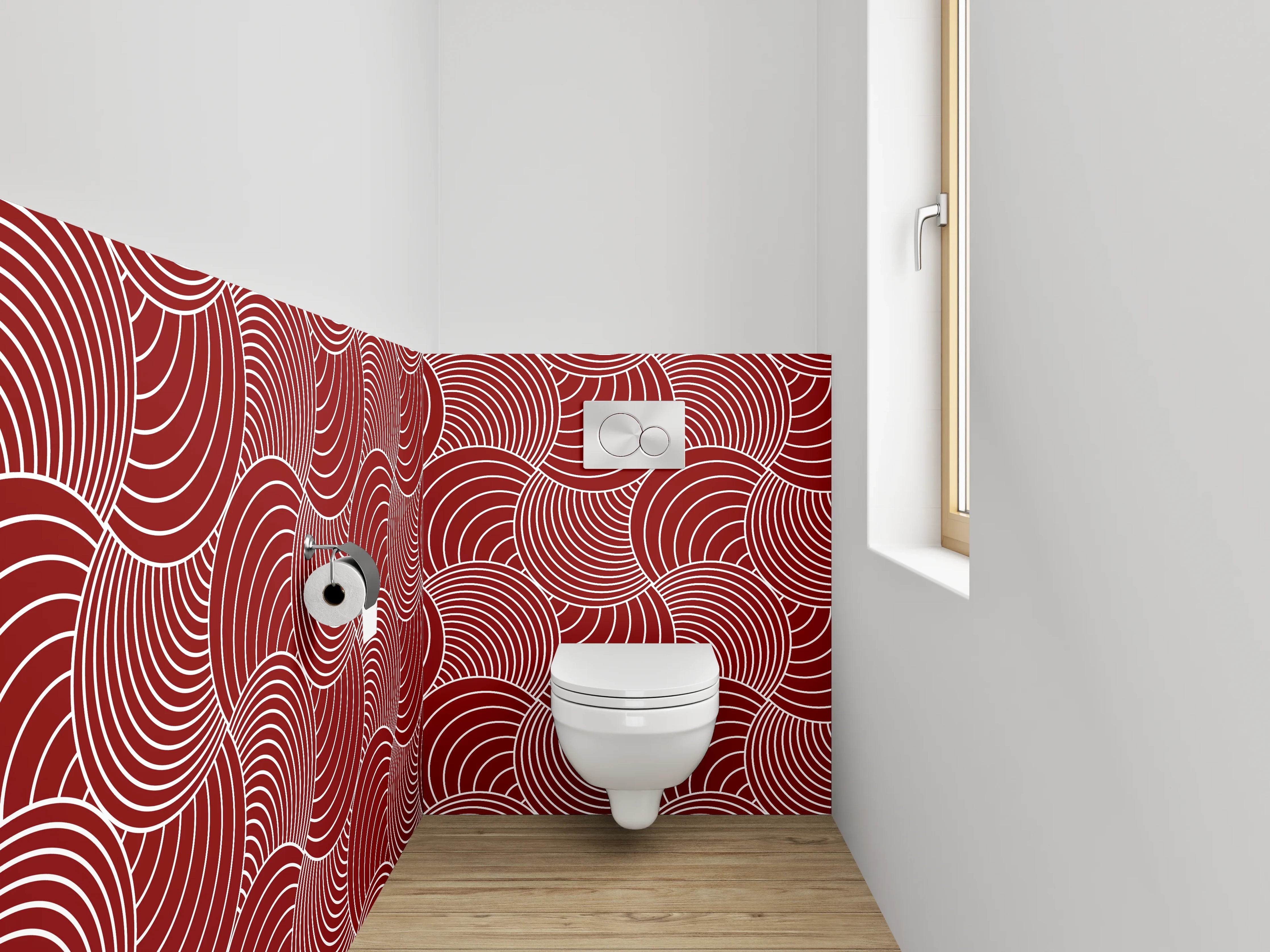 WC-Rückwand - Rotes Muster mit weißen Wellenlinien