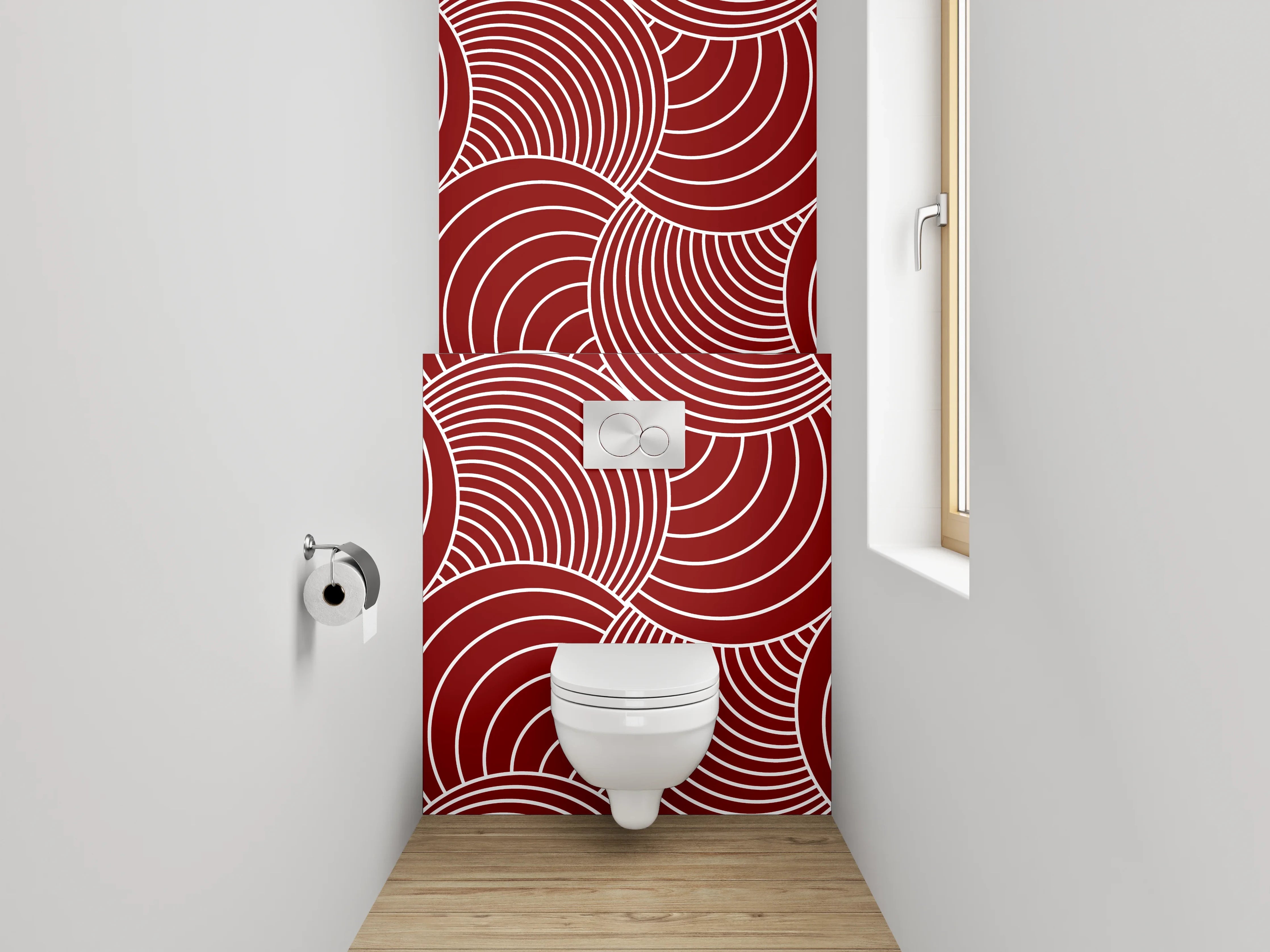 WC-Rückwand - Rotes Muster mit weißen Wellenlinien