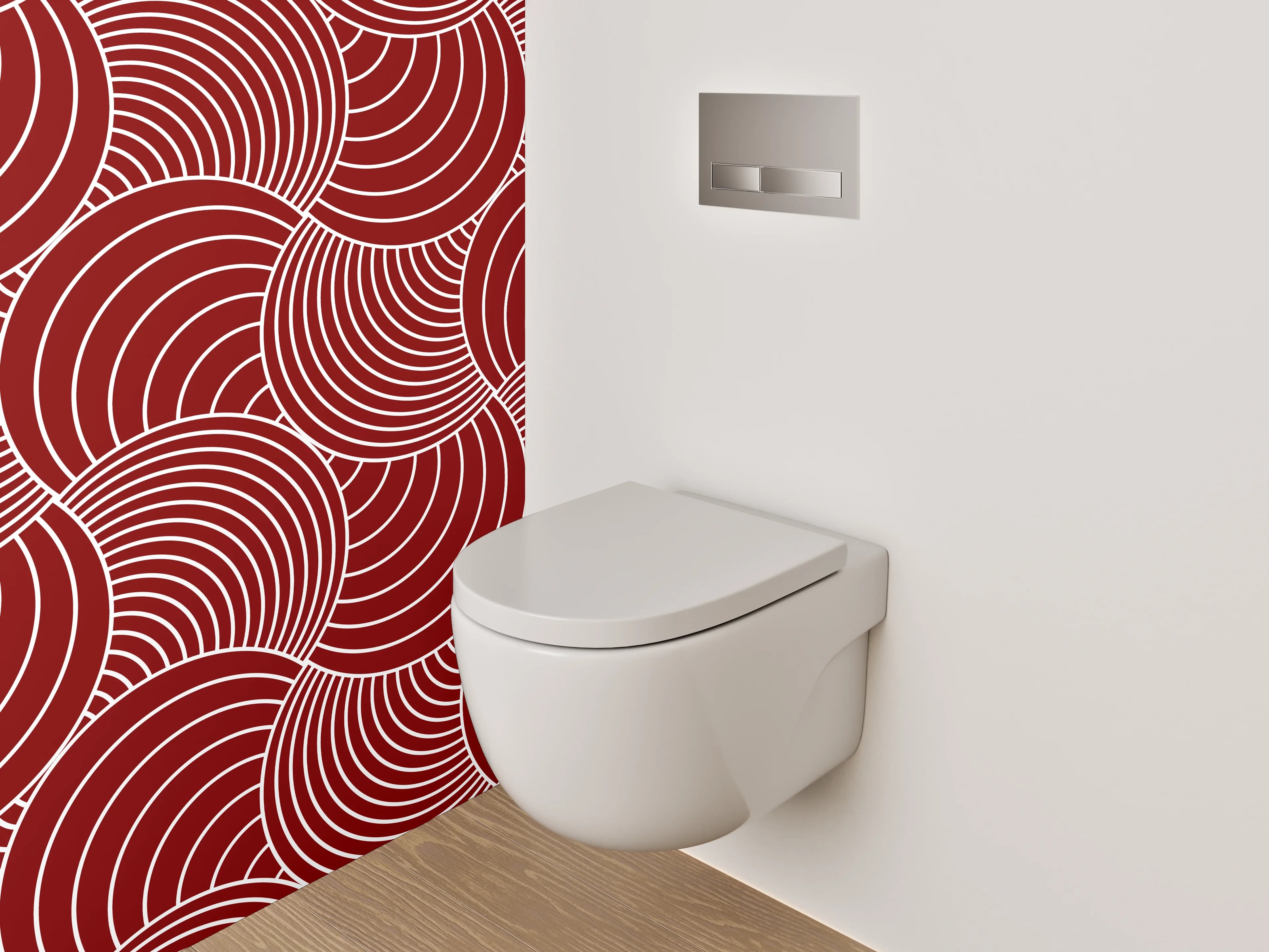 WC-Rückwand - Rotes Muster mit weißen Wellenlinien