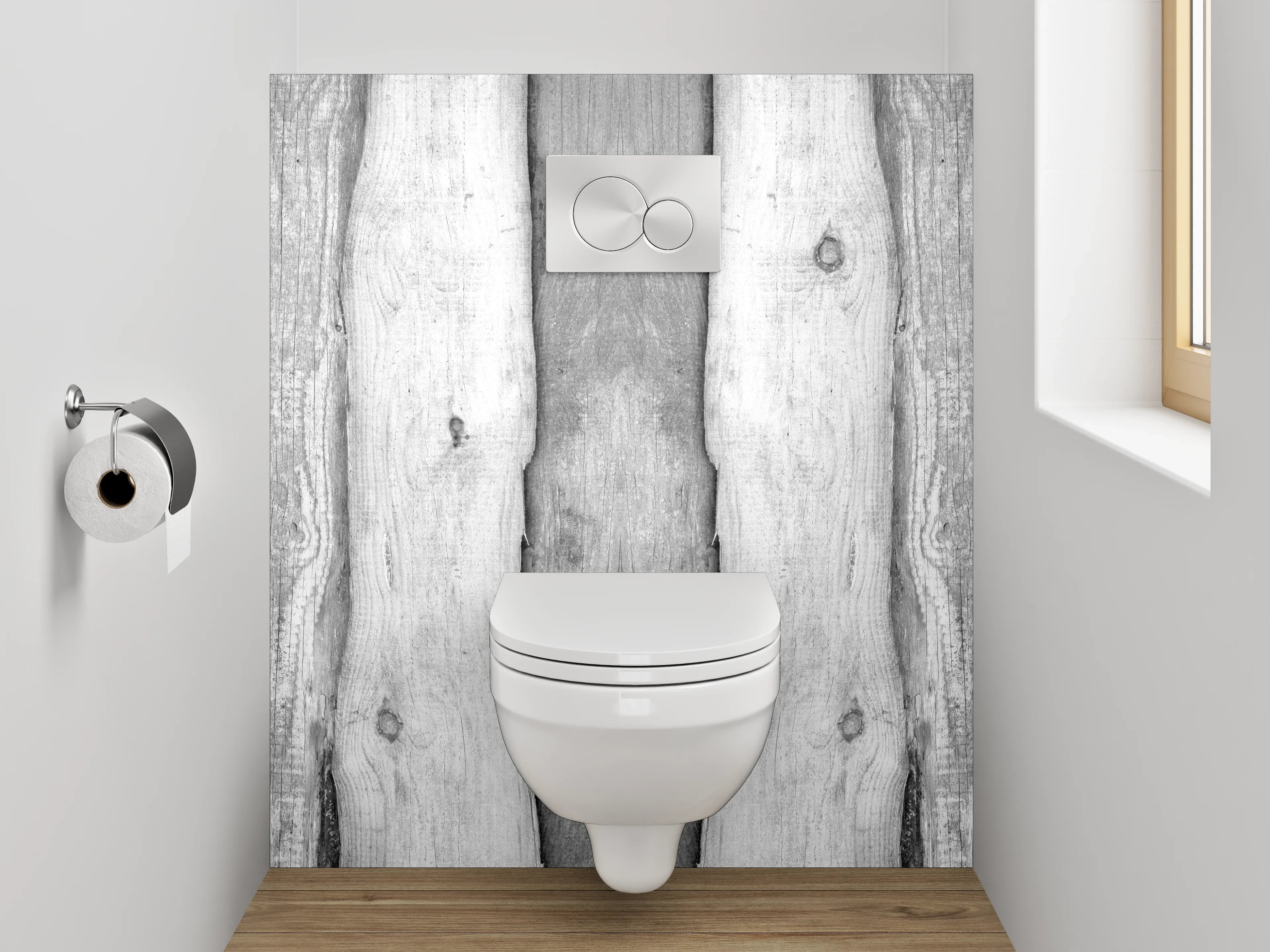 WC-Rückwand - Rustikale Holzlatten in Schwarz-Weiß