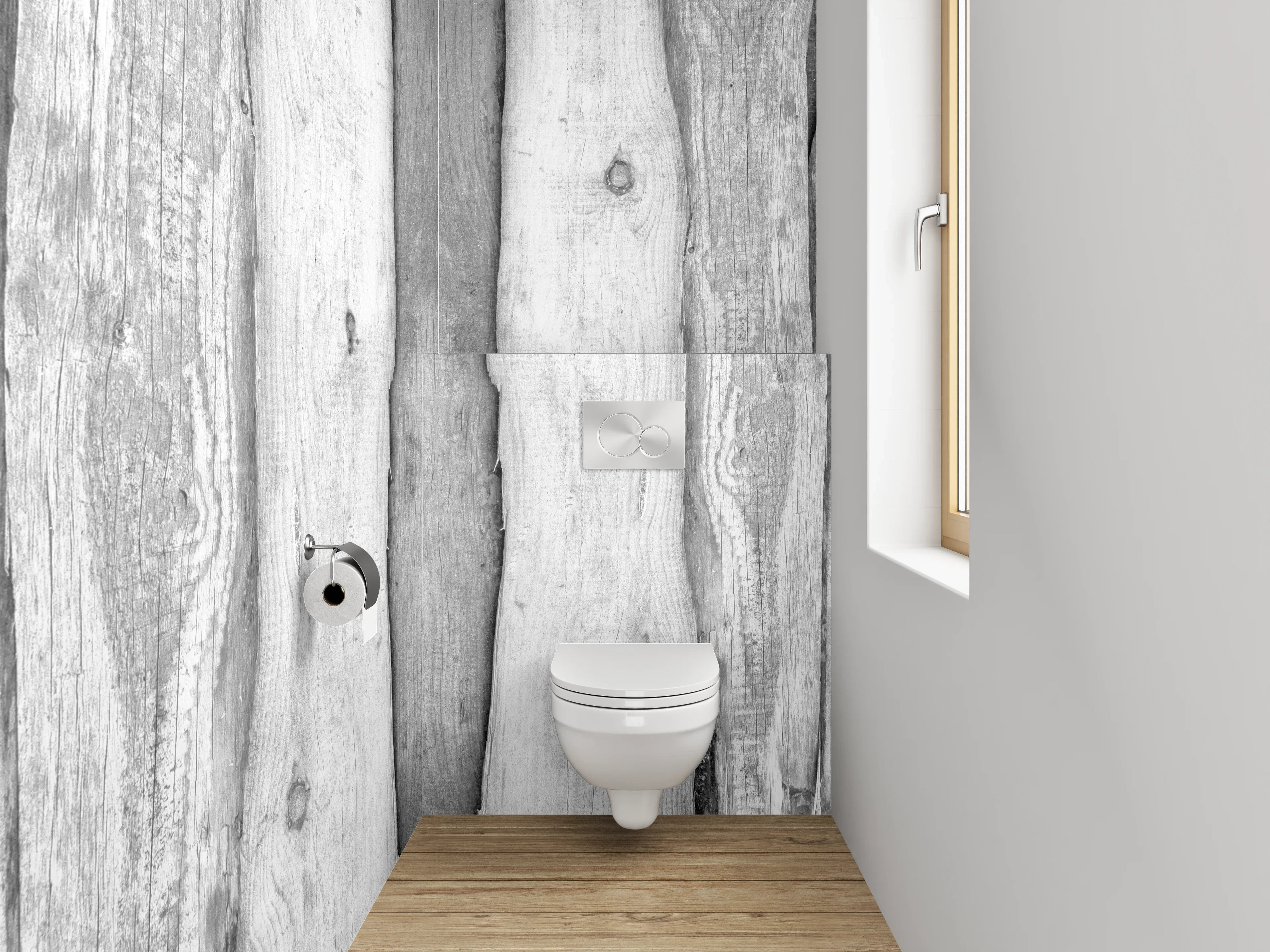 WC-Rückwand - Rustikale Holzlatten in Schwarz-Weiß