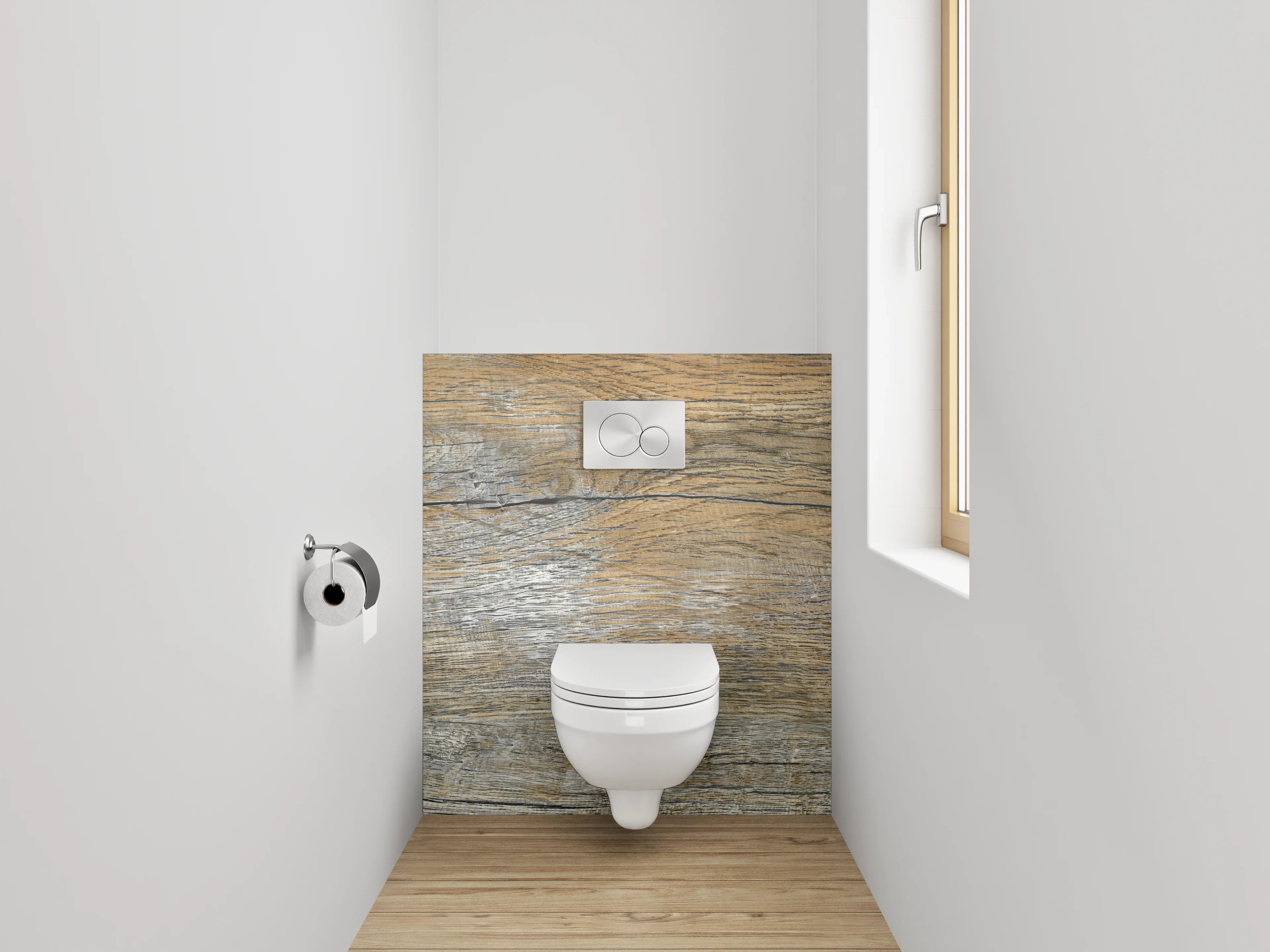 WC-Rückwand - Rustikale Holzoptik mit silbernen Akzenten