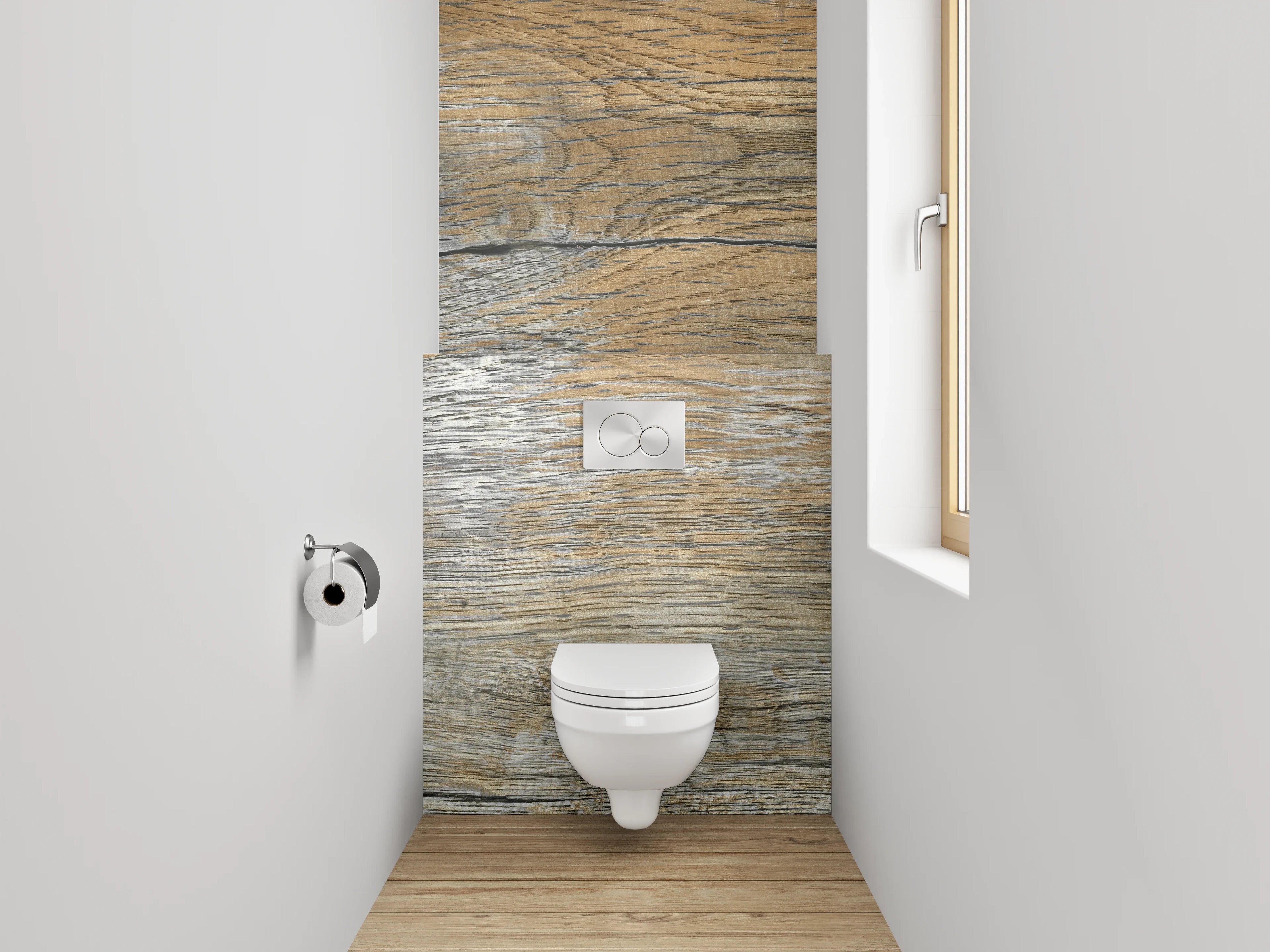 WC-Rückwand - Rustikale Holzoptik mit silbernen Akzenten