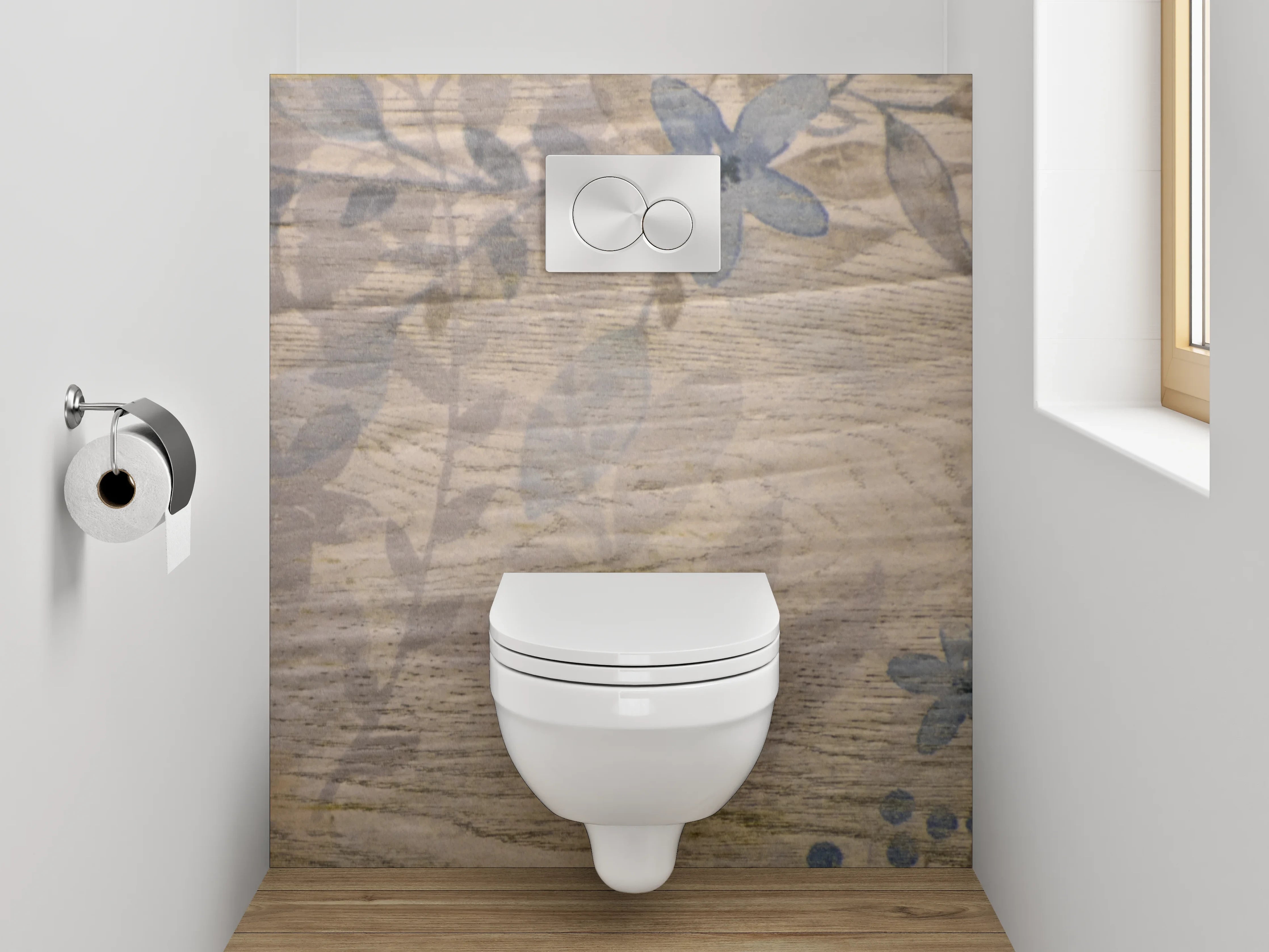 WC-Rückwand - Rustikale Holzoptik mit verwischten Blumen