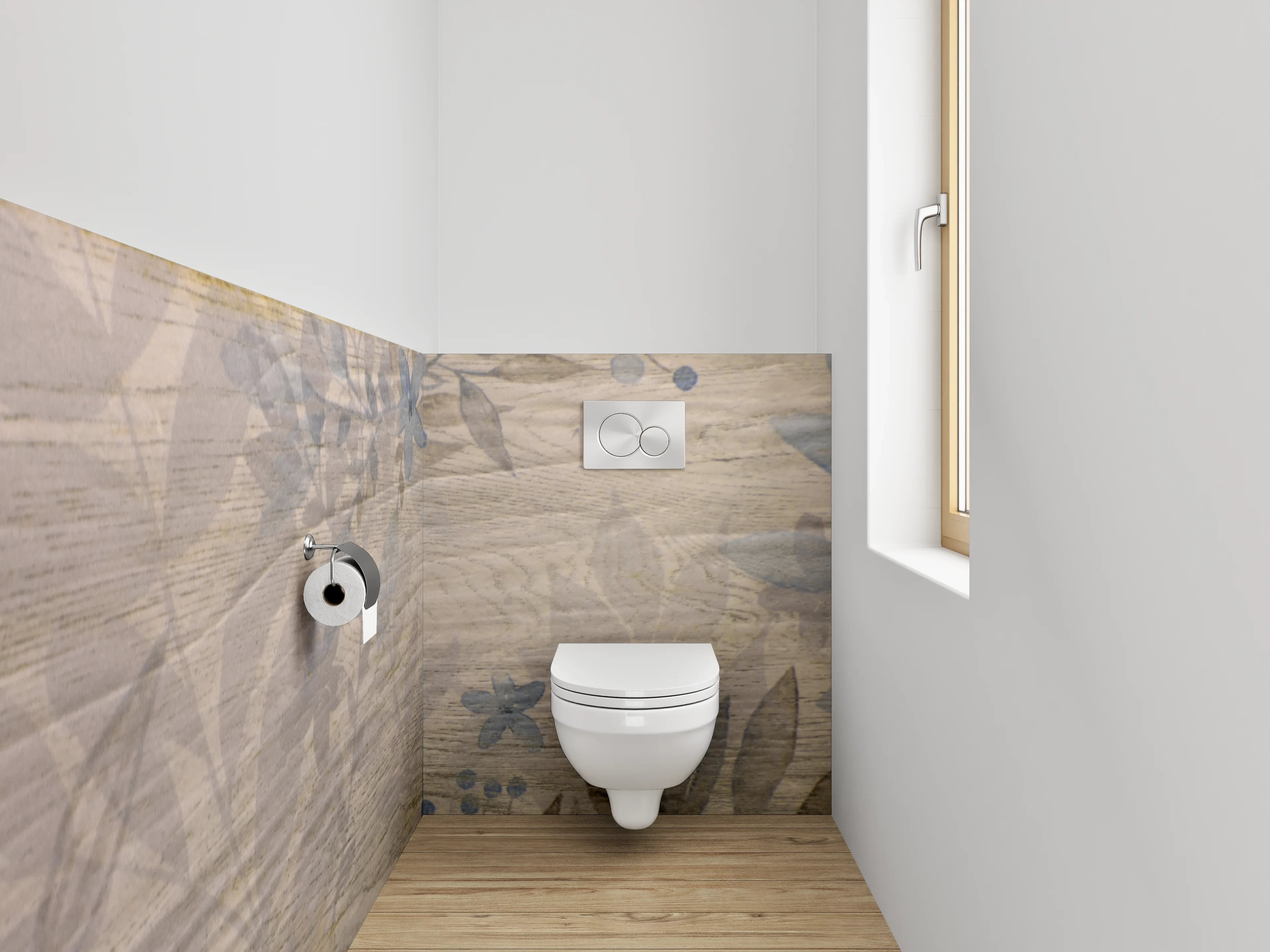 WC-Rückwand - Rustikale Holzoptik mit verwischten Blumen