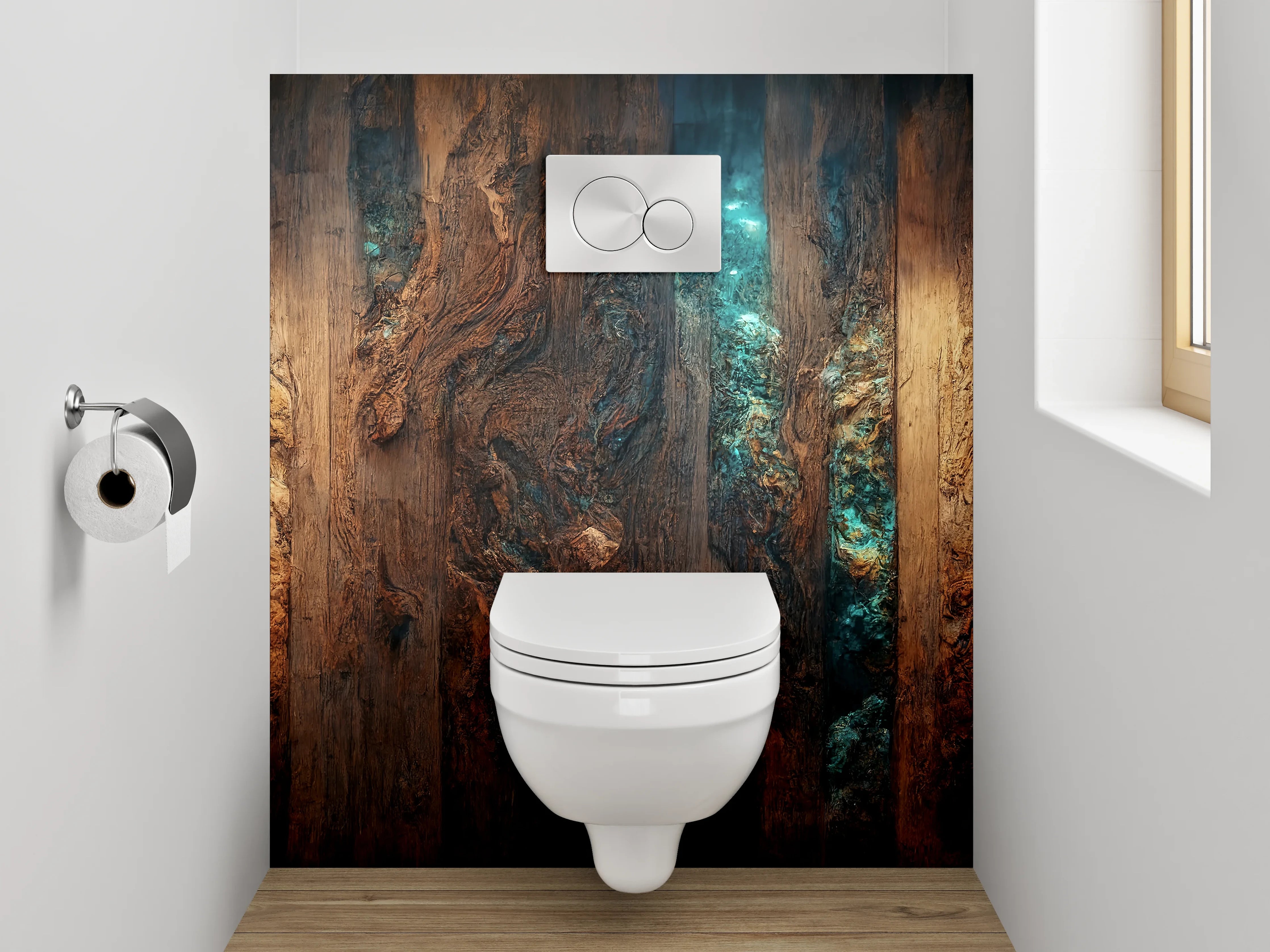 WC-Rückwand - Rustikale Holzstruktur mit blauem Licht