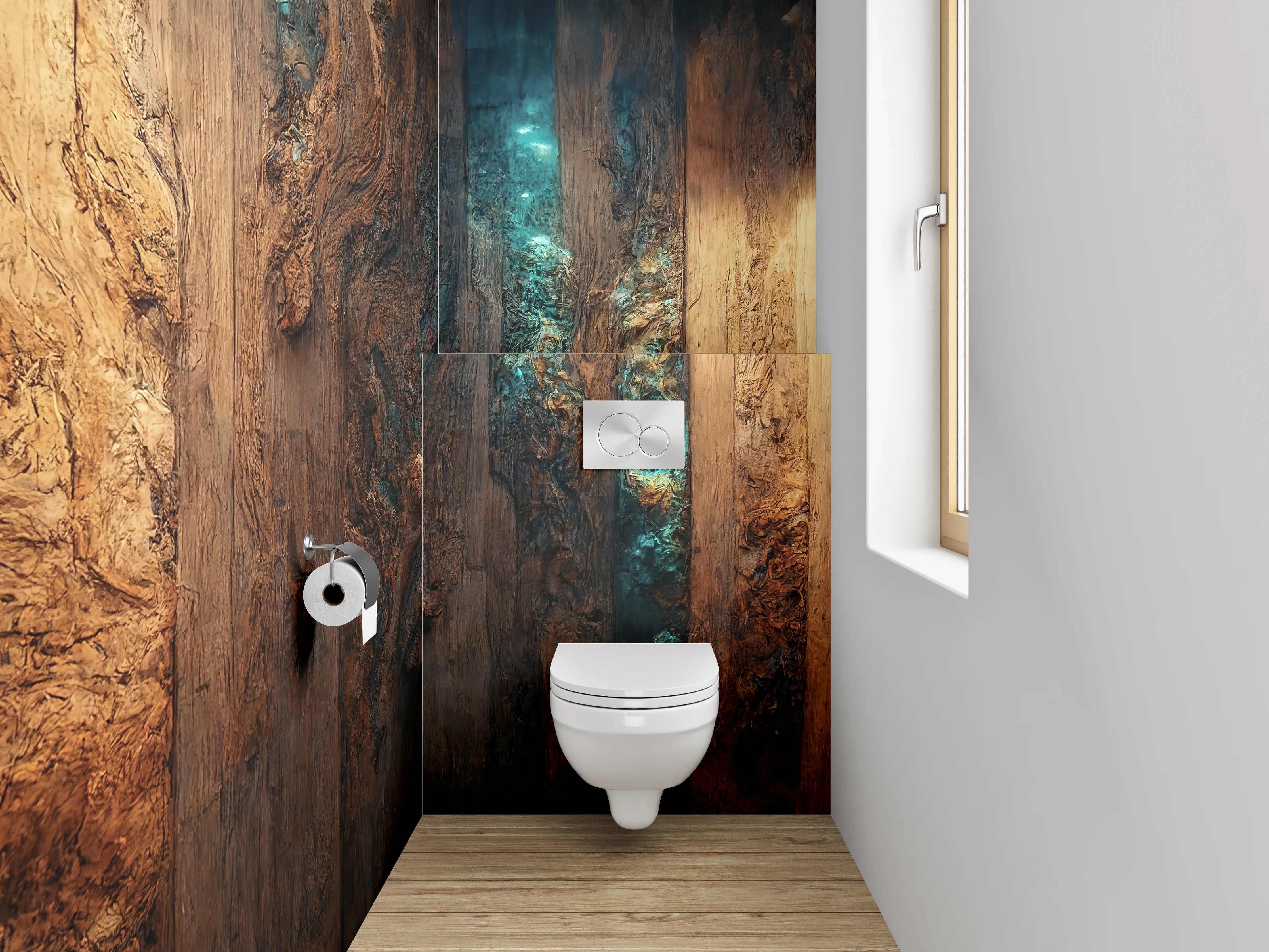 WC-Rückwand - Rustikale Holzstruktur mit blauem Licht