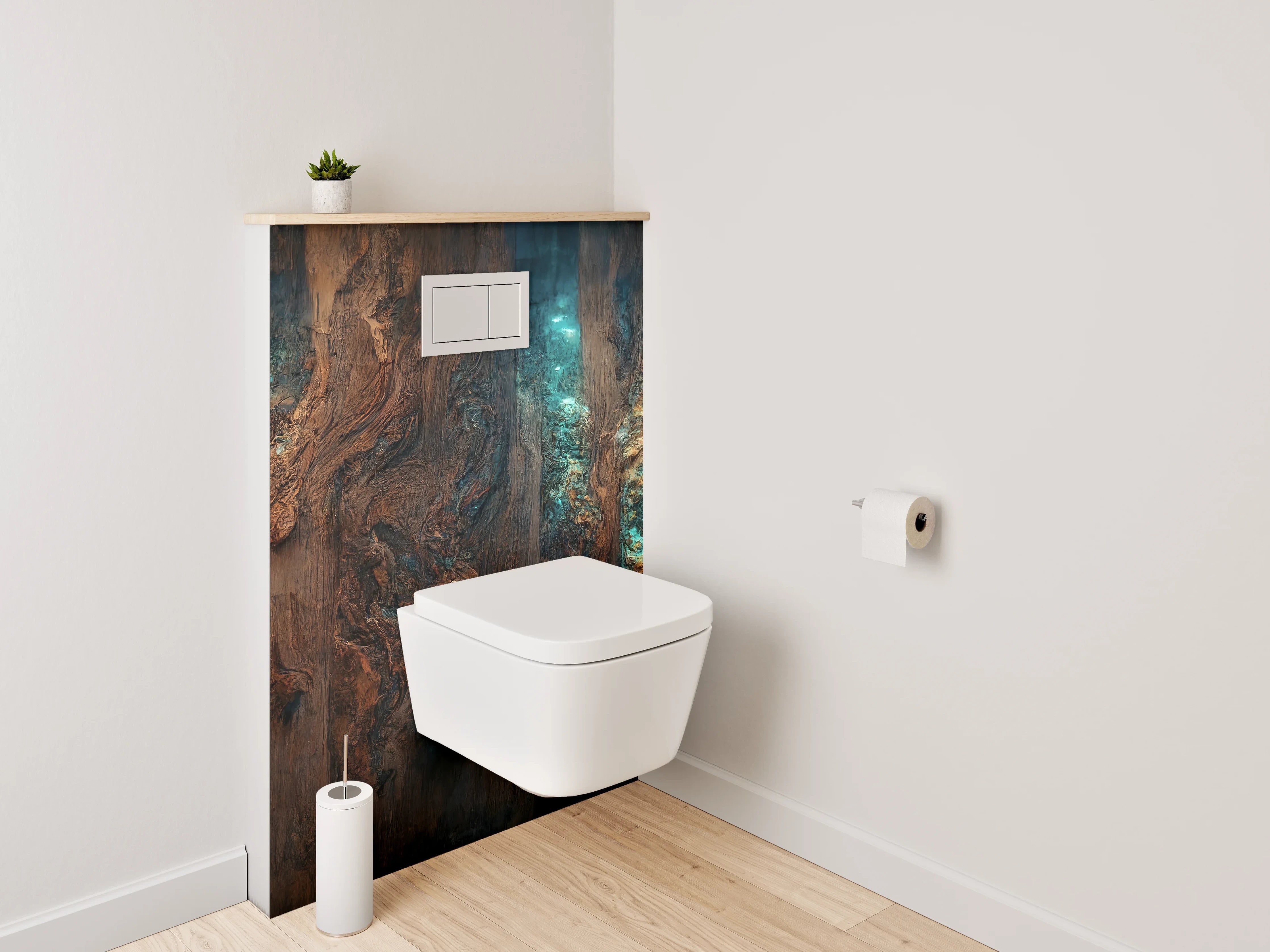 WC-Rückwand - Rustikale Holzstruktur mit blauem Licht