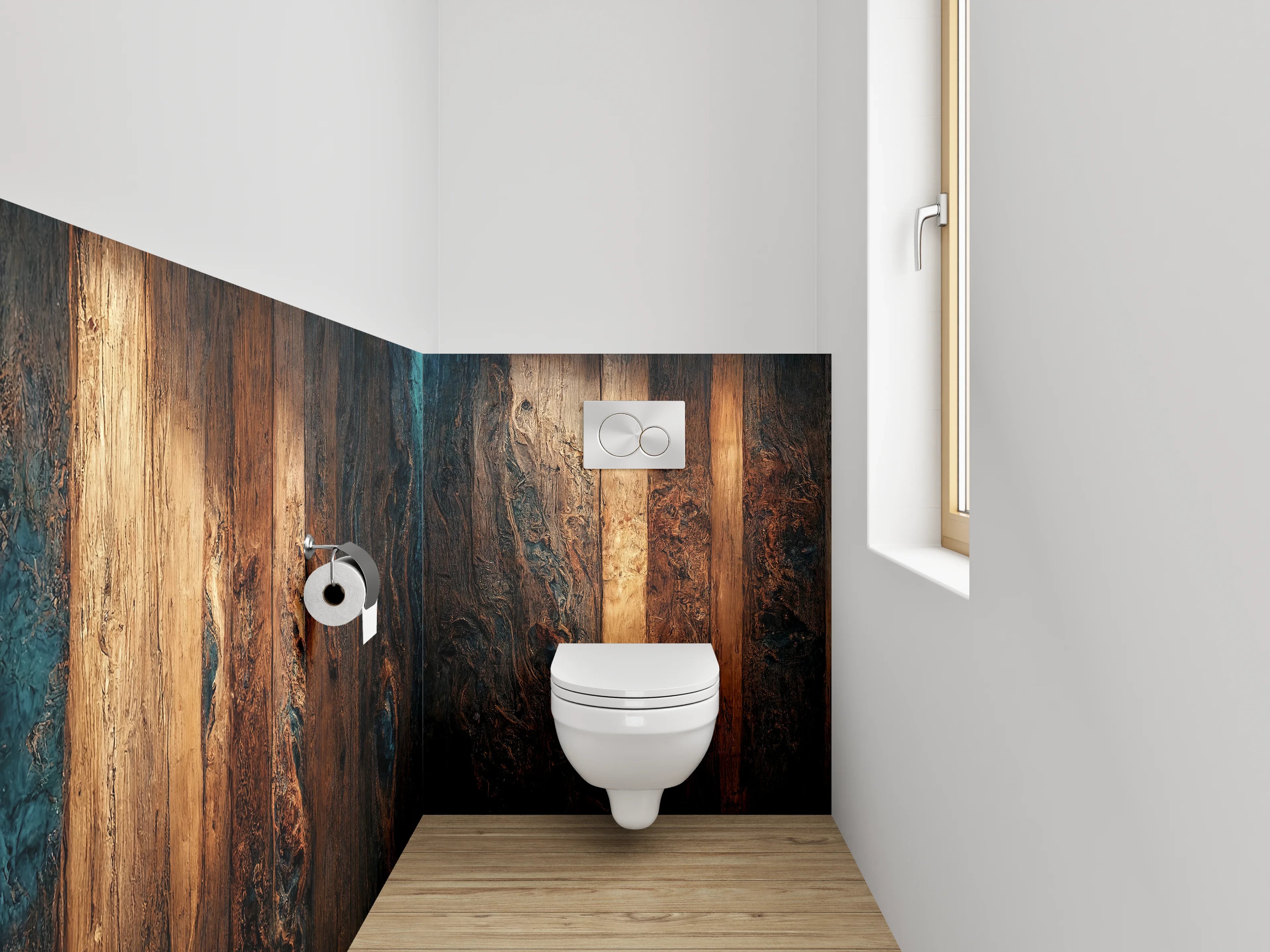 WC-Rückwand - Rustikale Holzstruktur mit blauen Akzenten