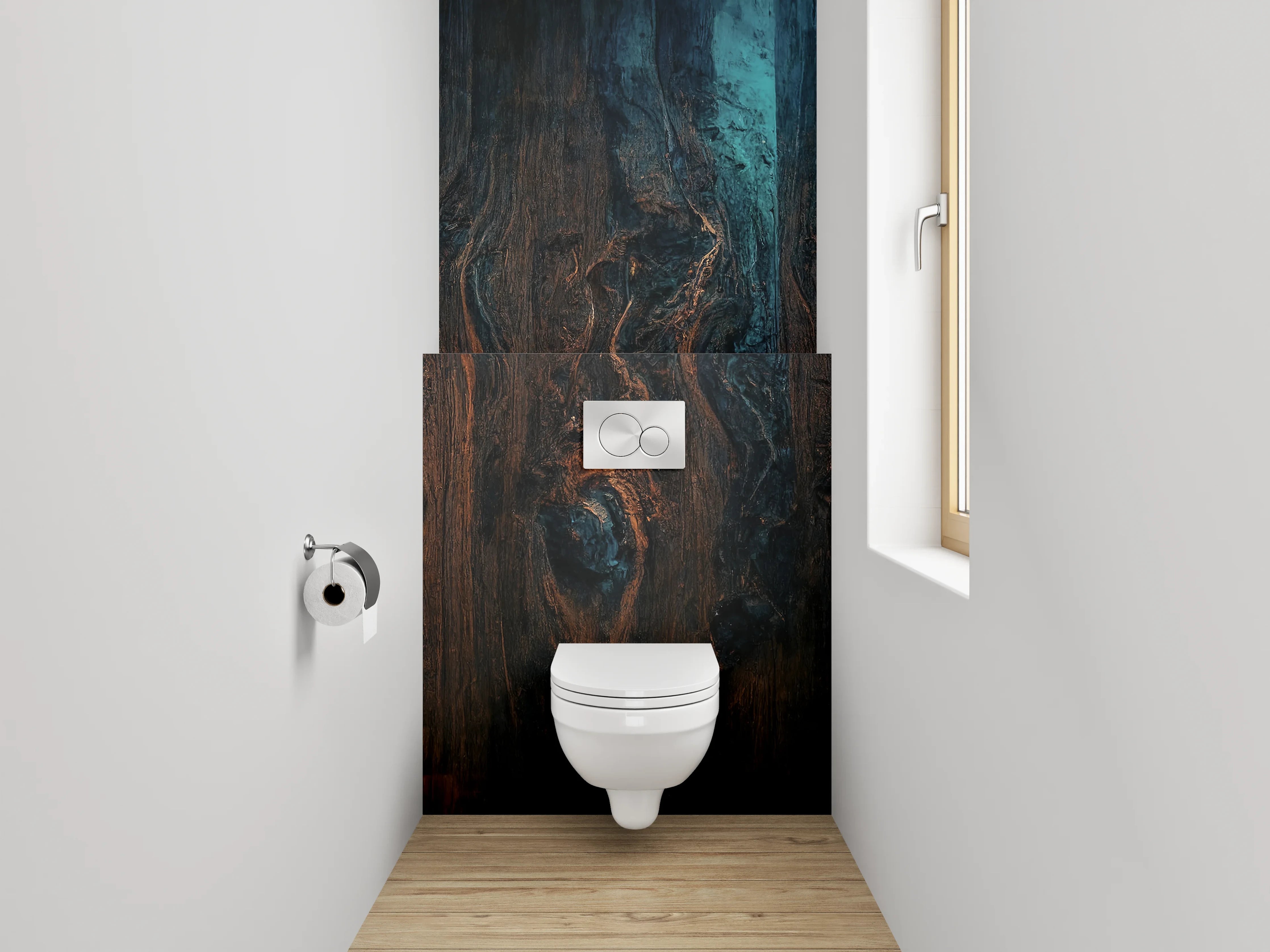 WC-Rückwand - Rustikale Holzstruktur mit blauen Akzenten