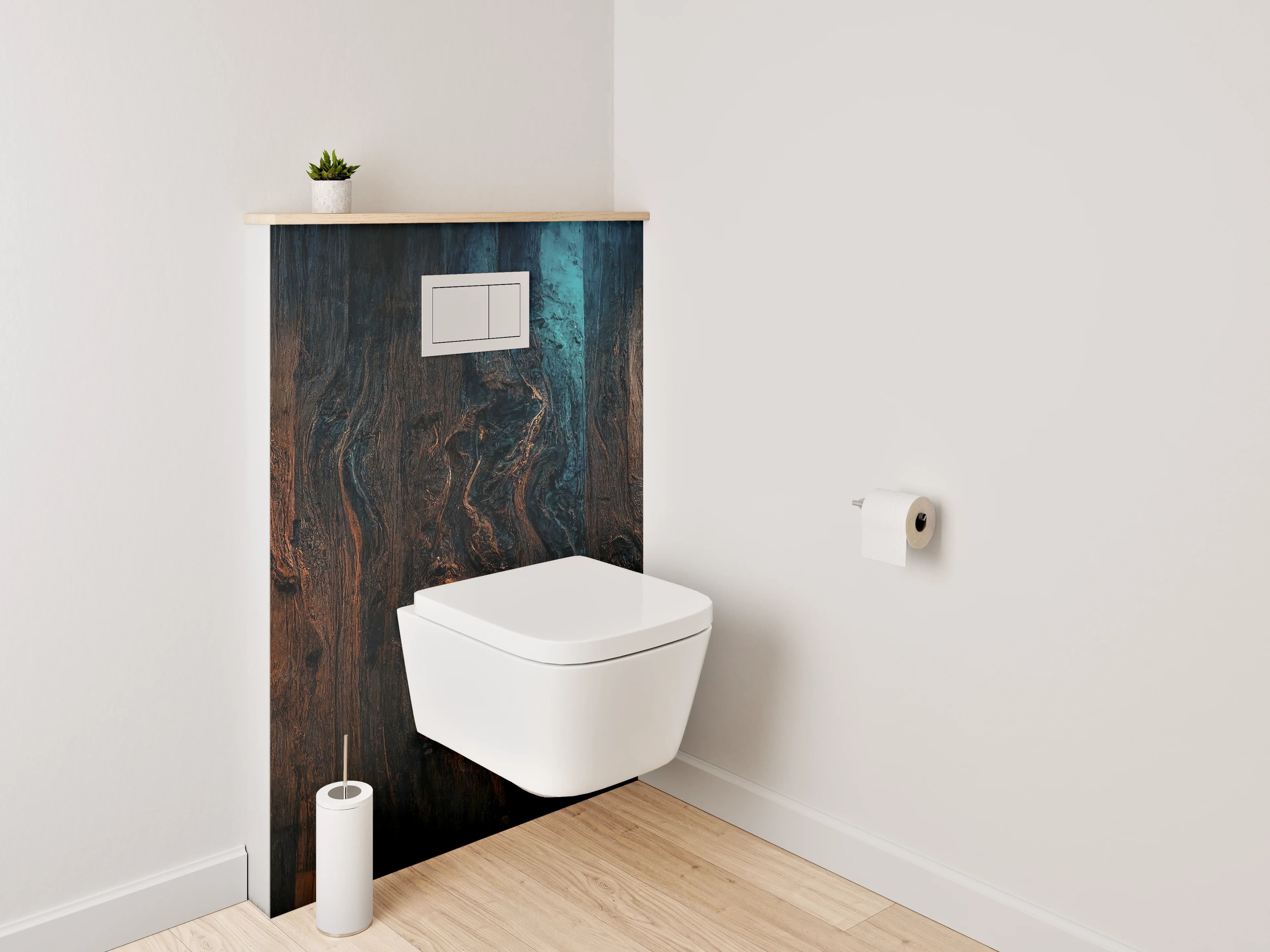 WC-Rückwand - Rustikale Holzstruktur mit blauen Akzenten