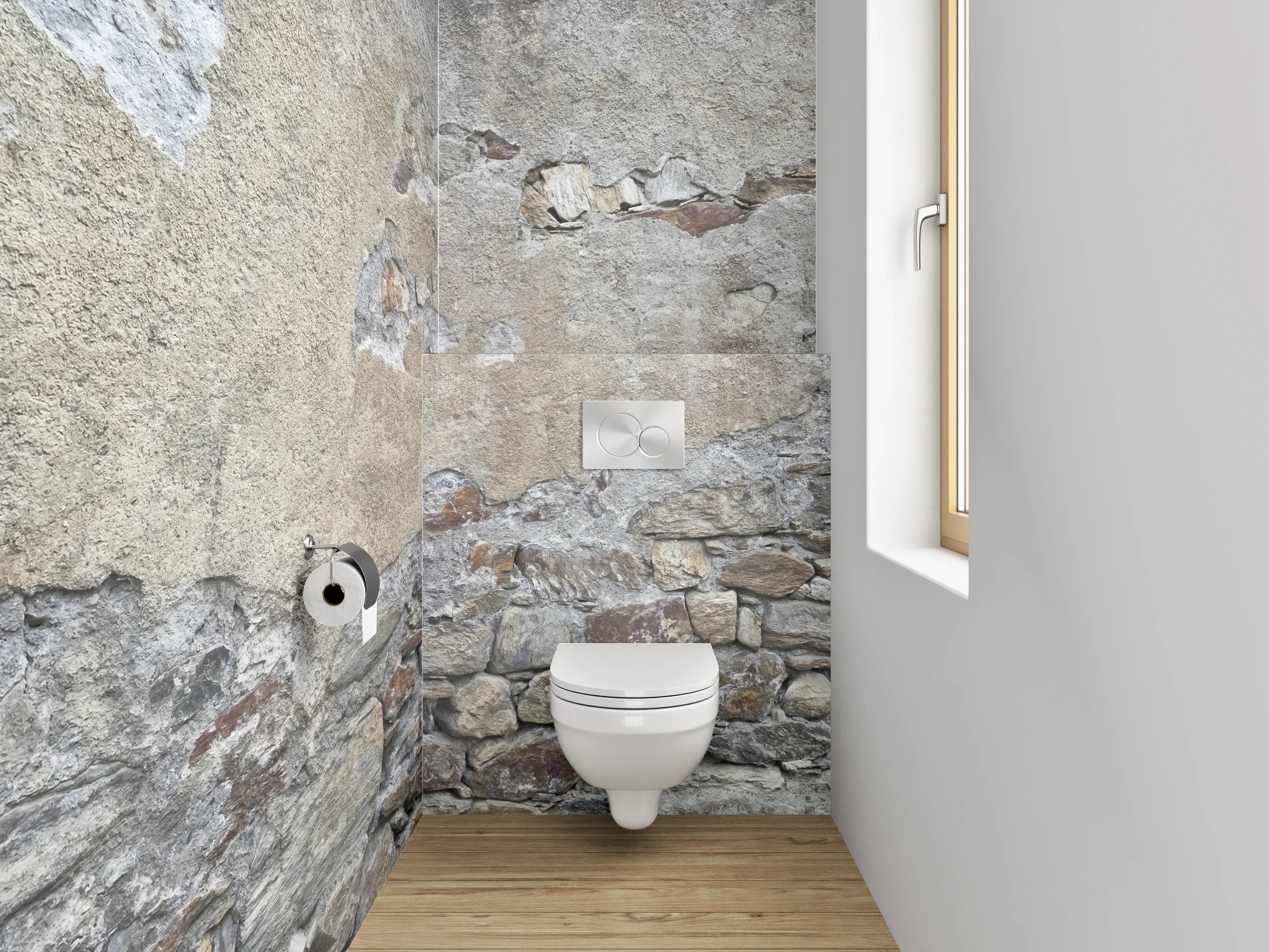 WC-Rückwand - Rustikale Steinwand in Grau-Beige