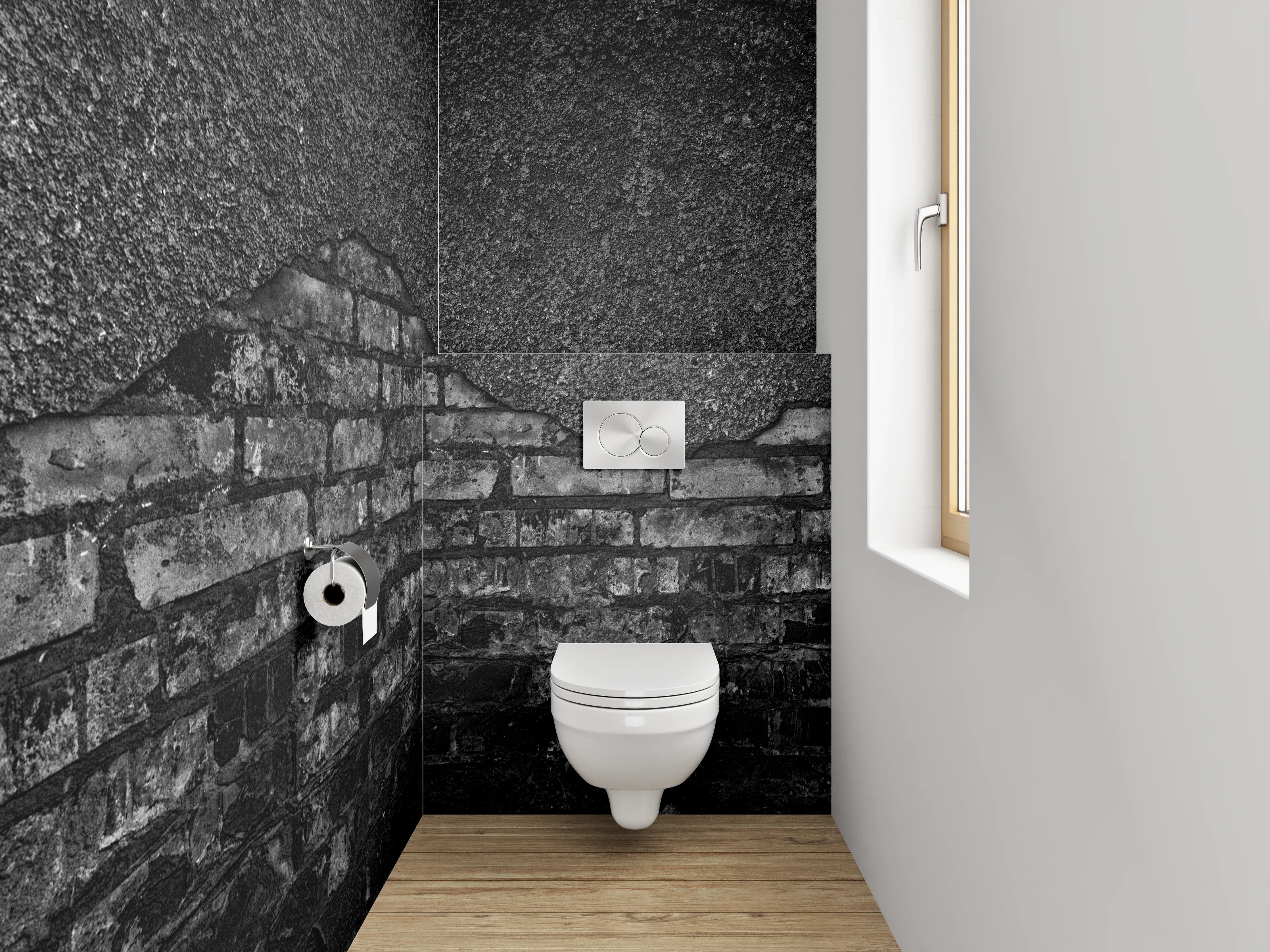 WC-Rückwand - Rustikale Ziegelsteinmauer in Schwarzgrau