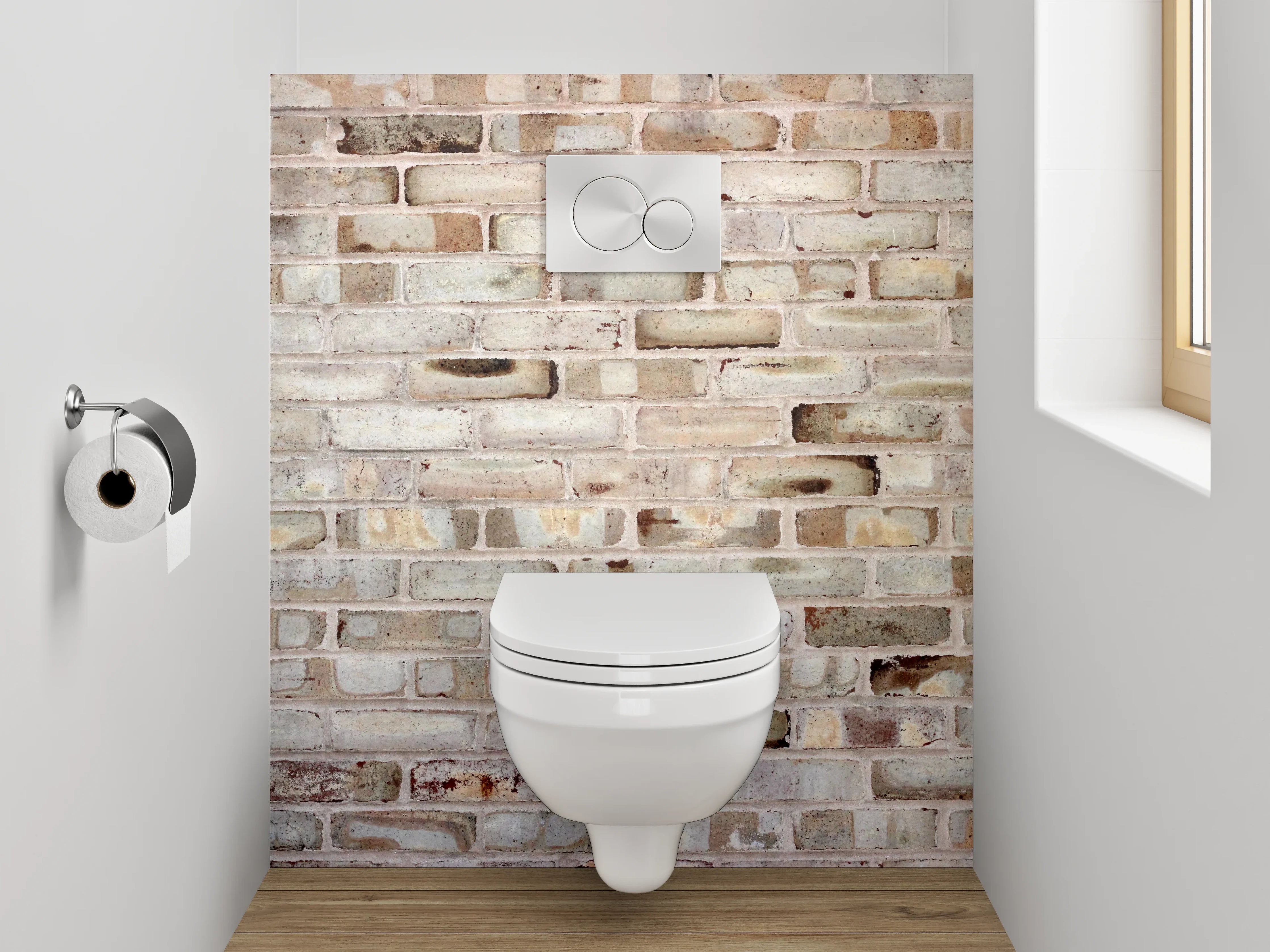 WC-Rückwand - Rustikale Ziegelsteinwand in Beige und Grau