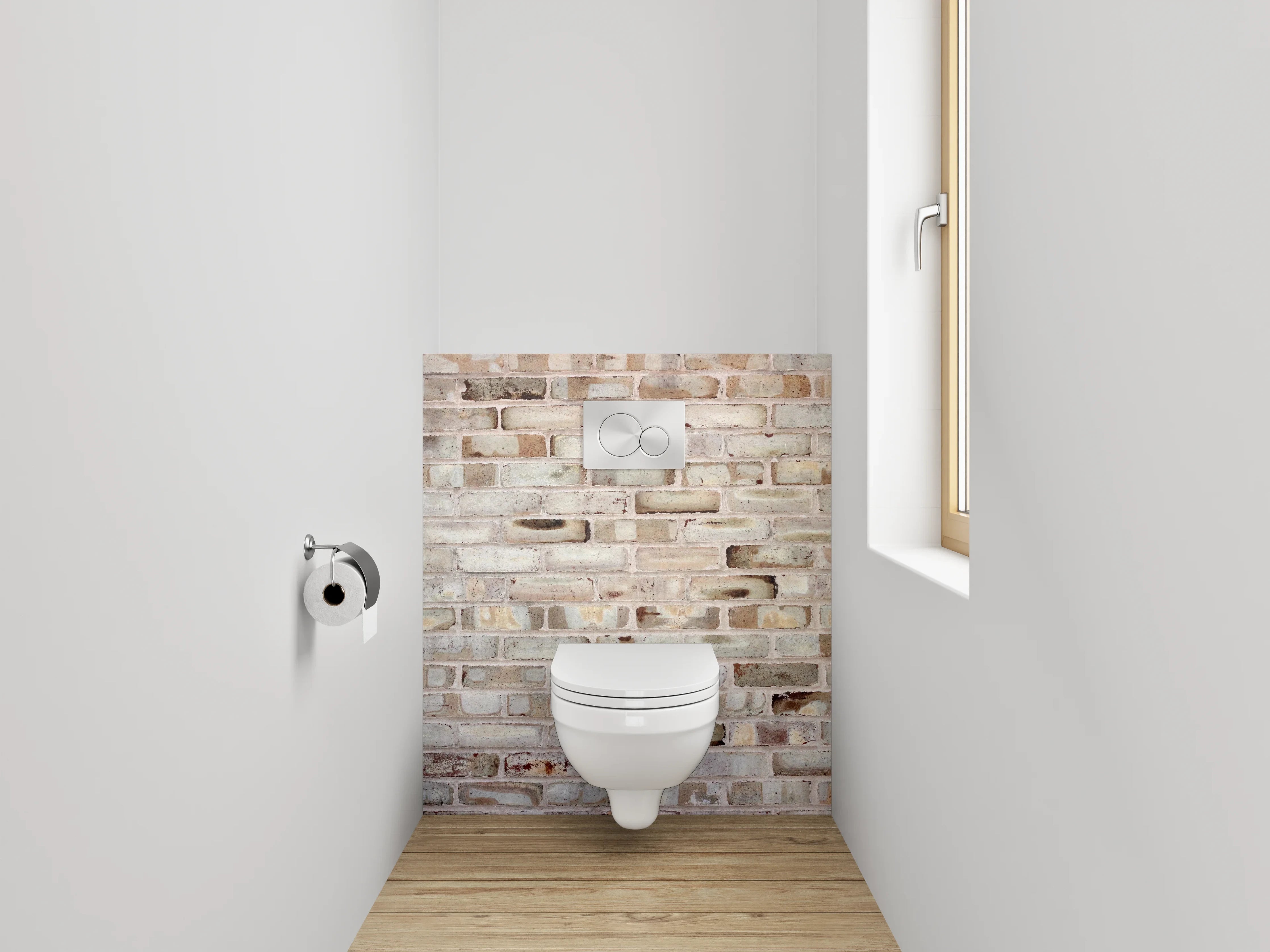 WC-Rückwand - Rustikale Ziegelsteinwand in Beige und Grau