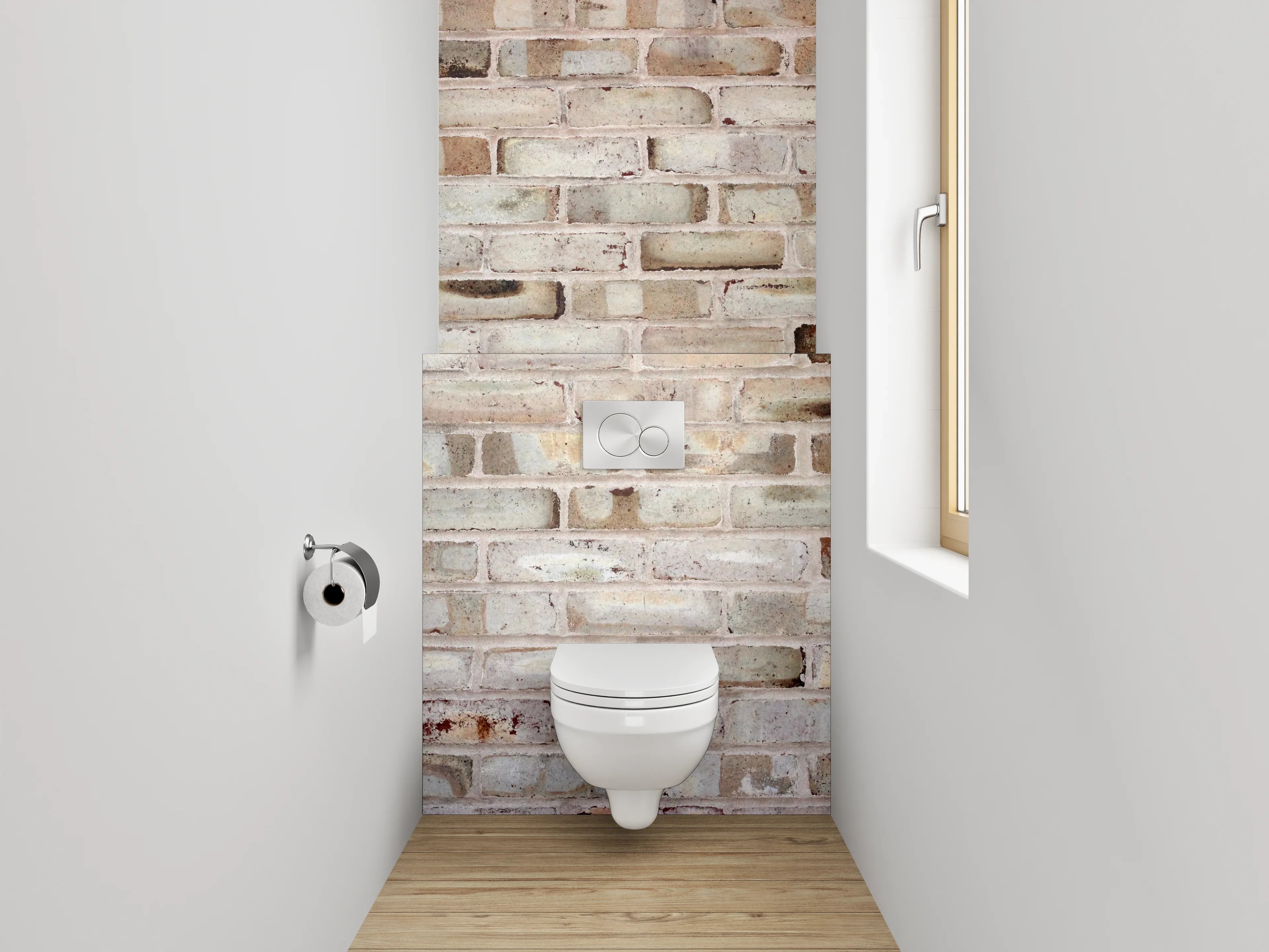 WC-Rückwand - Rustikale Ziegelsteinwand in Beige und Grau