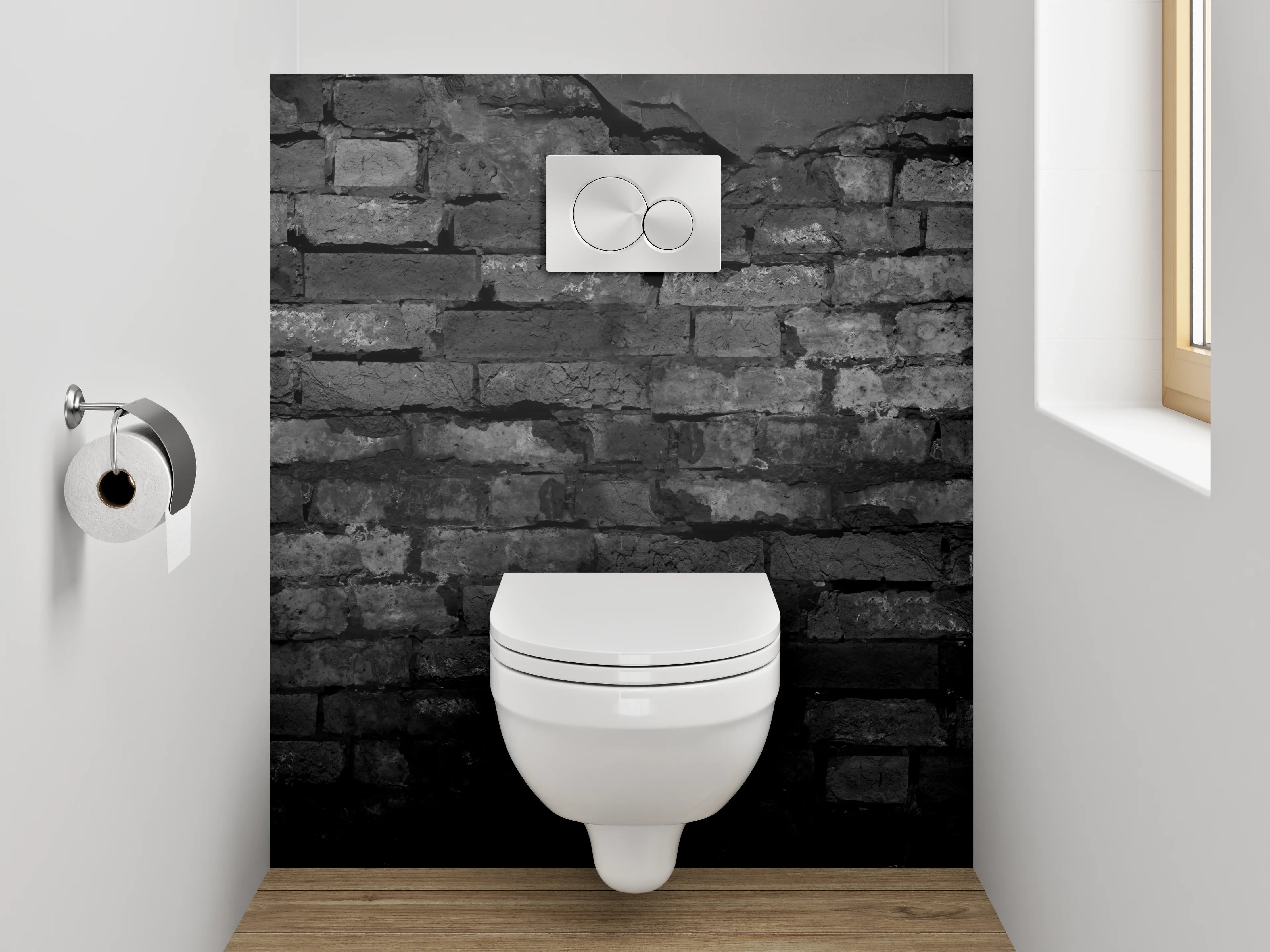 WC-Rückwand - Rustikale Ziegelwand in Schwarz-Grau-Optik