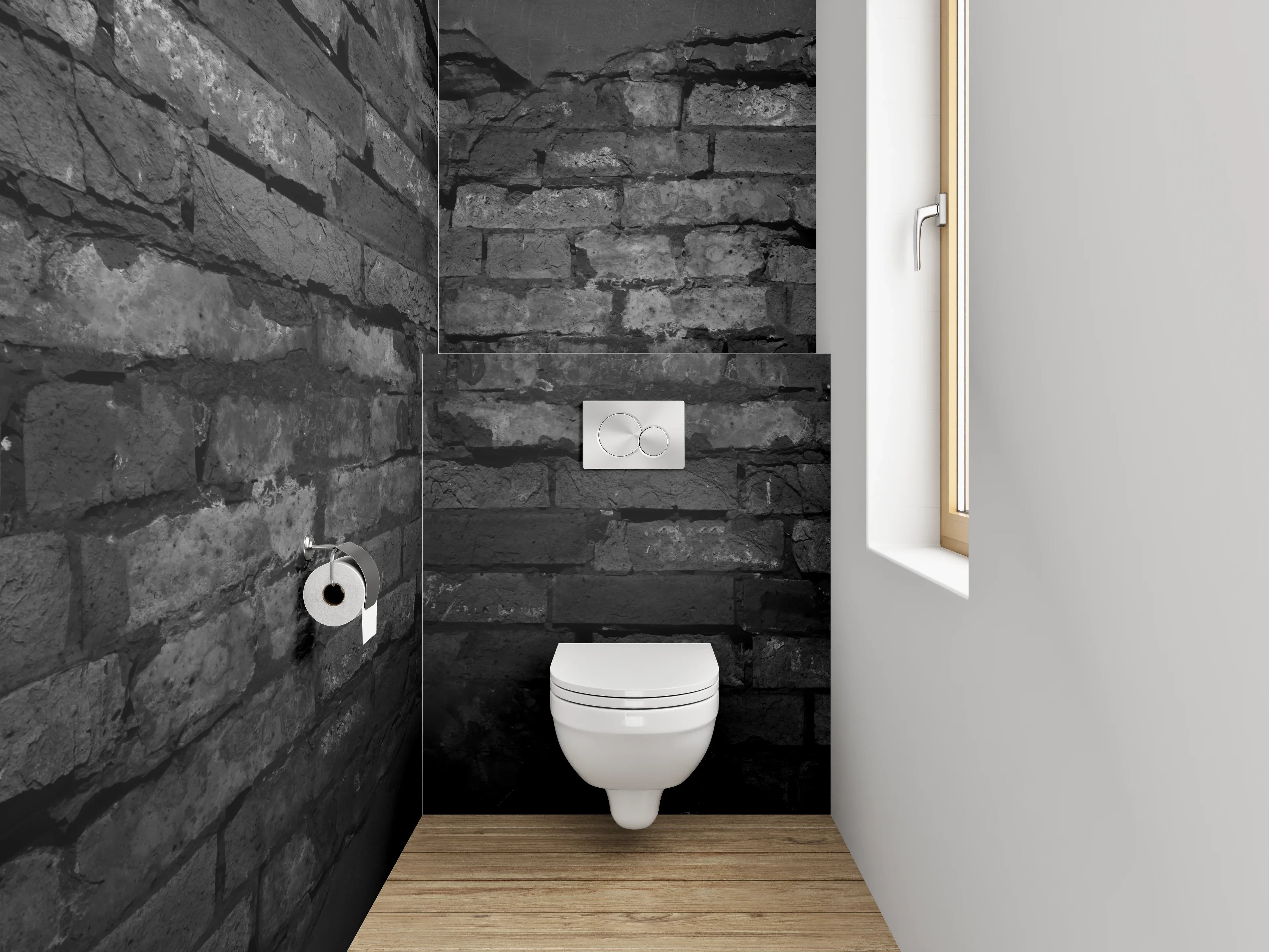 WC-Rückwand - Rustikale Ziegelwand in Schwarz-Grau-Optik