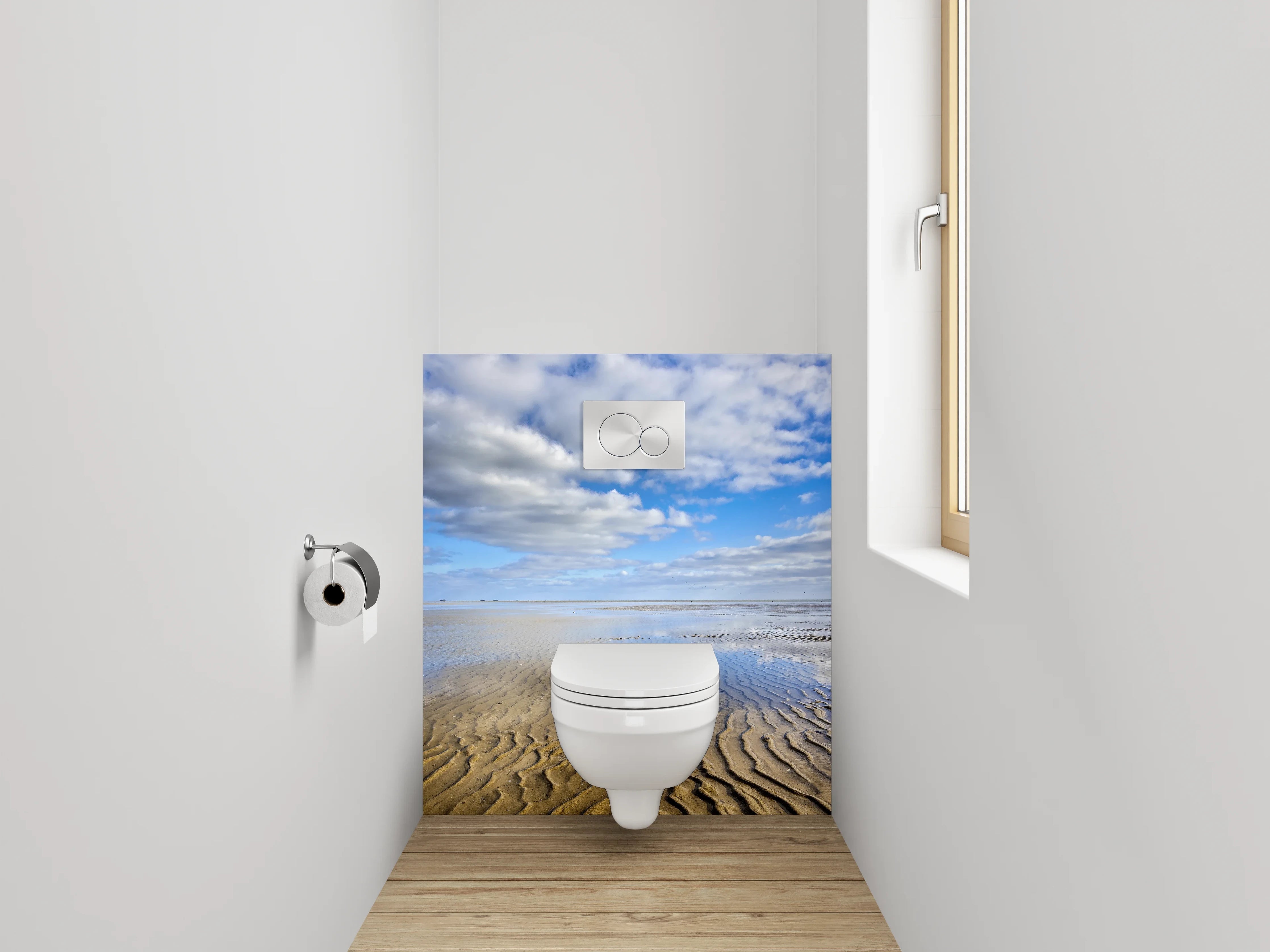 WC-Rückwand - Sandstrand und Wolken am Meer