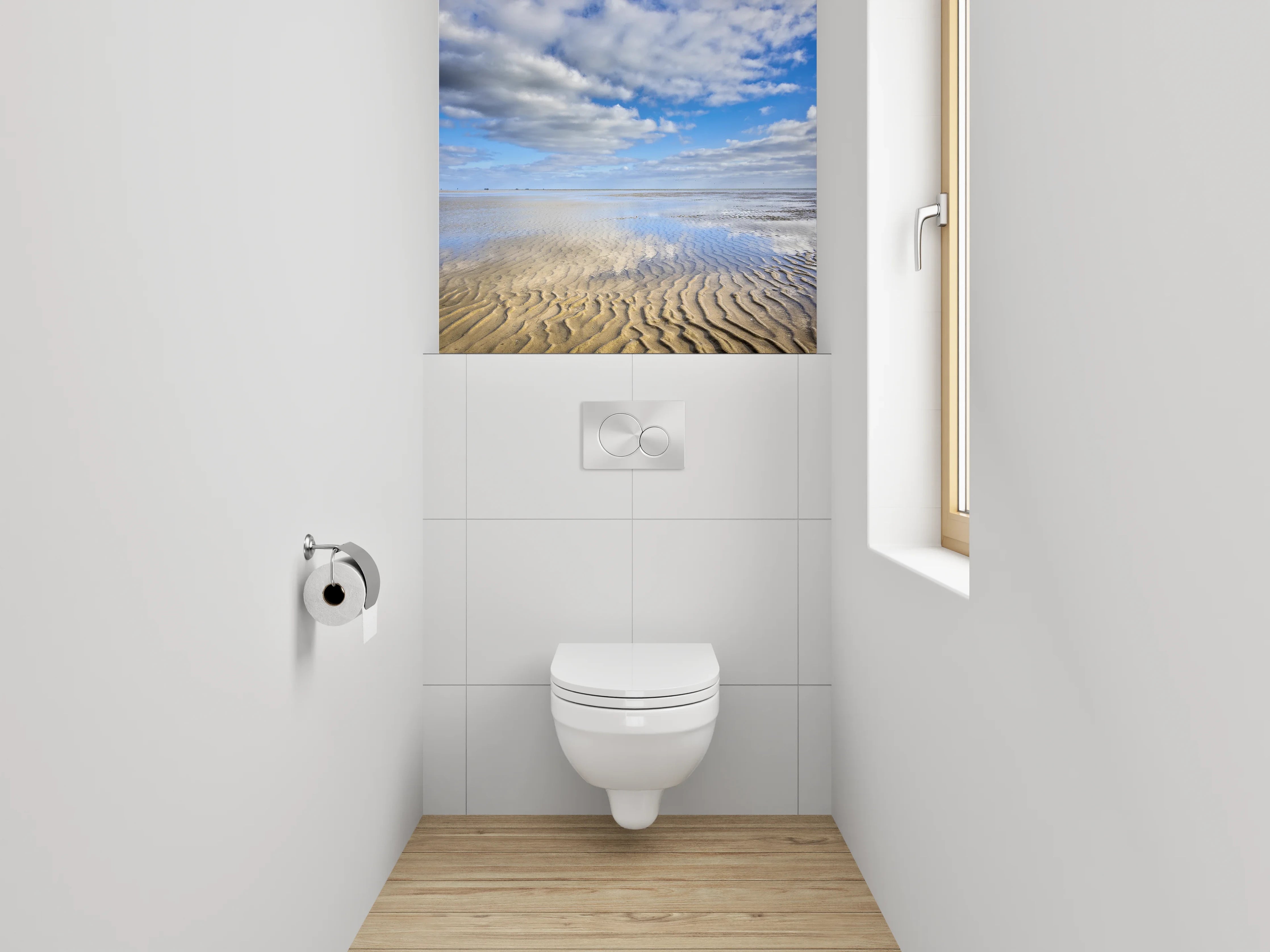 WC-Rückwand - Sandstrand und Wolken am Meer
