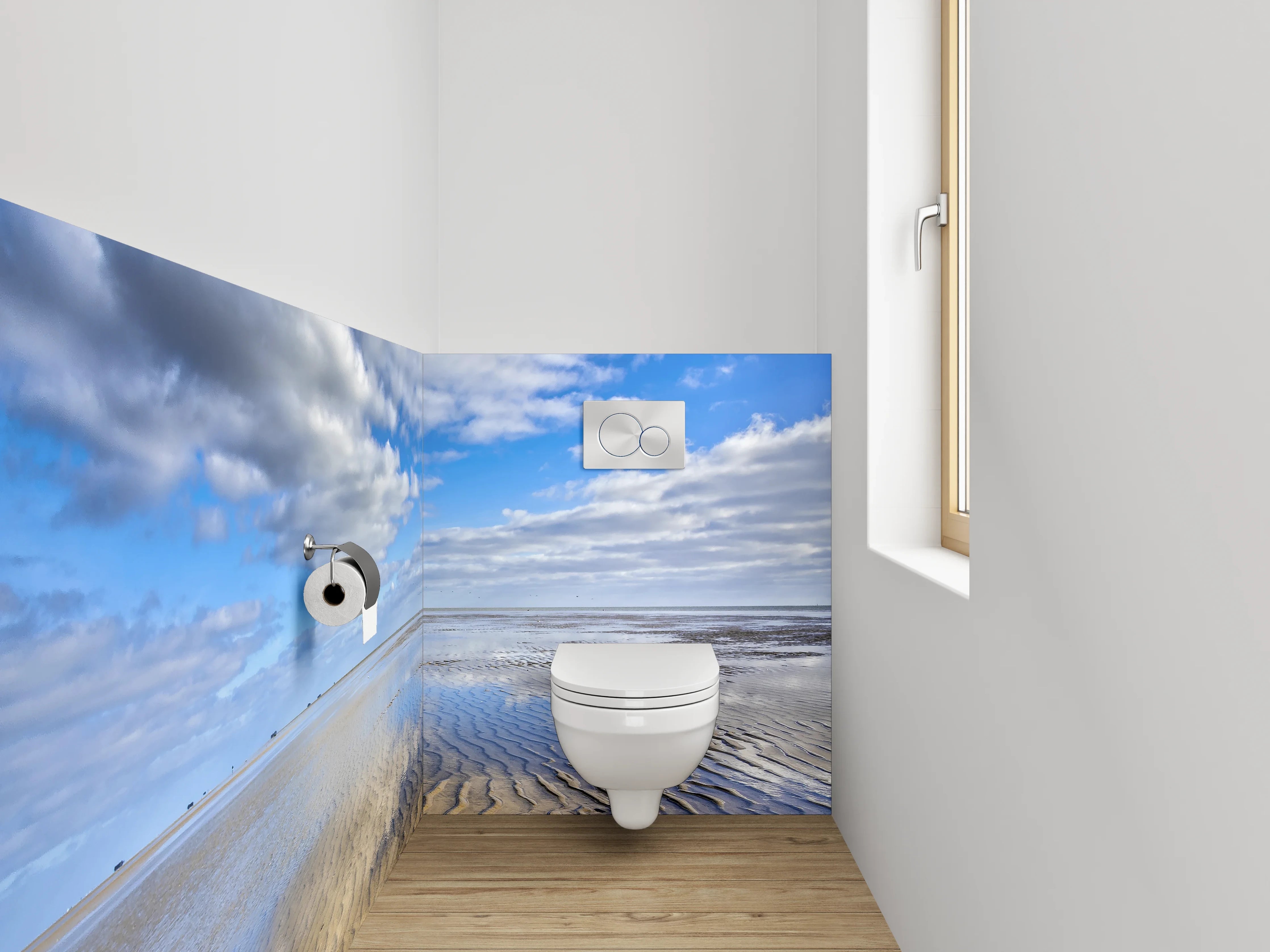 WC-Rückwand - Sandstrand und Wolken am Meer
