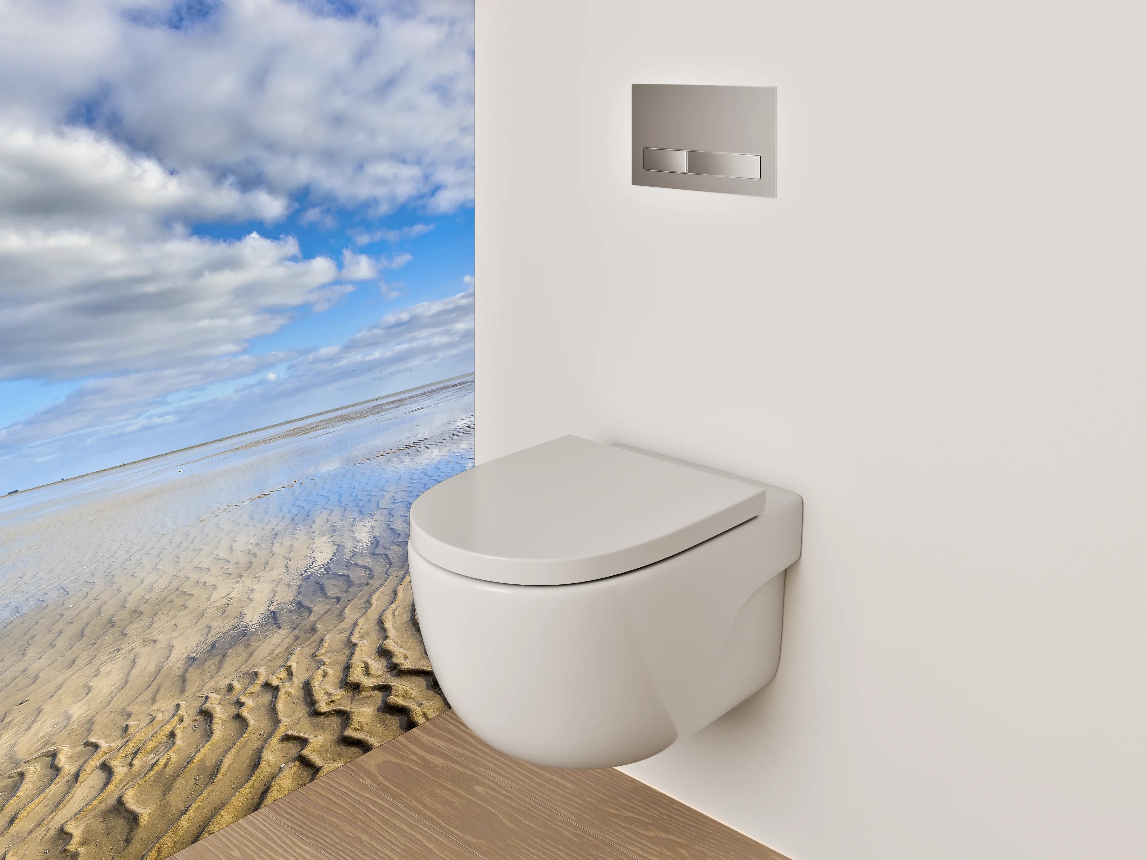 WC-Rückwand - Sandstrand und Wolken am Meer