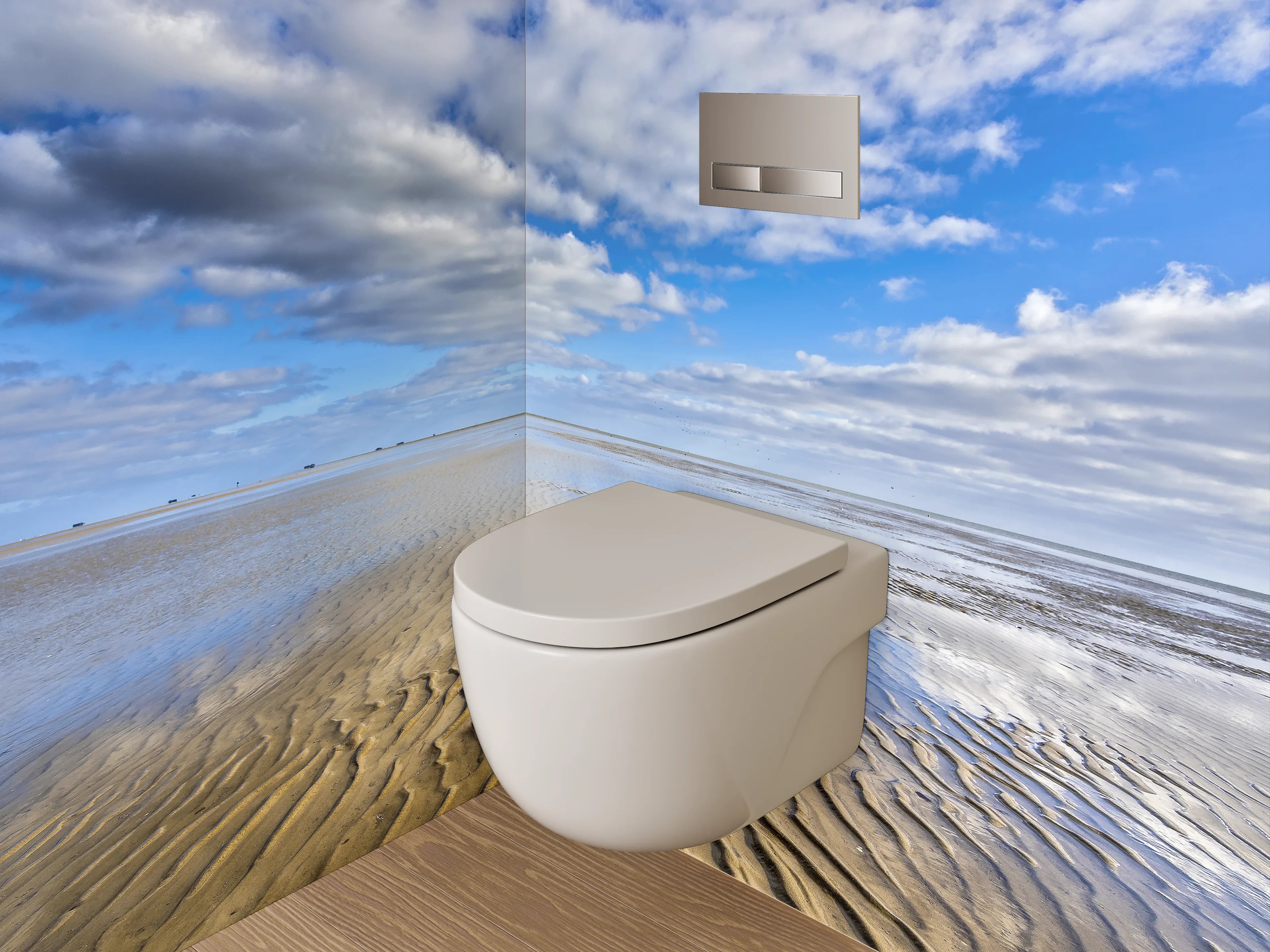 WC-Rückwand - Sandstrand und Wolken am Meer