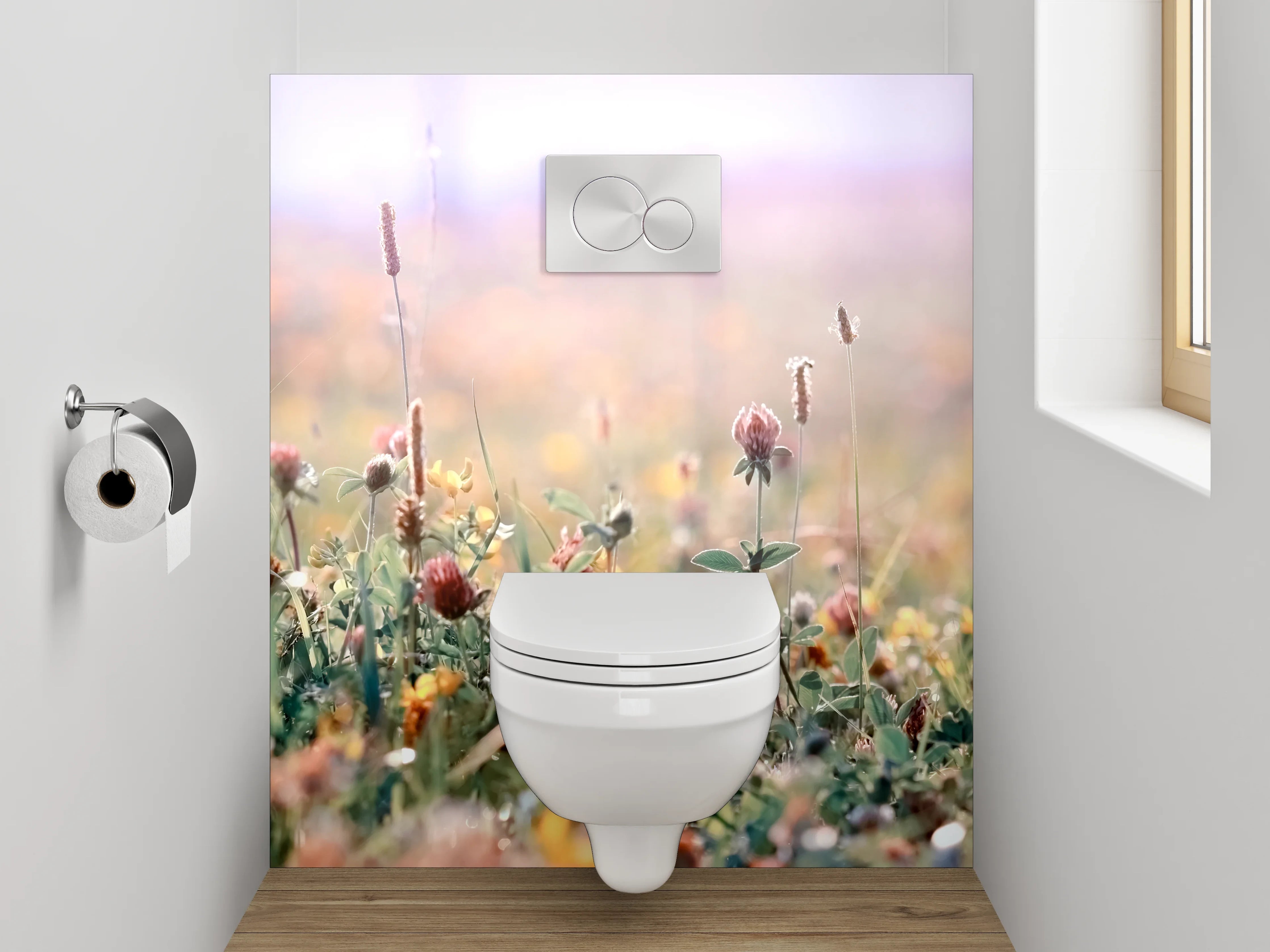WC-Rückwand - Sanfte Wildblumenwiese im Morgenlicht