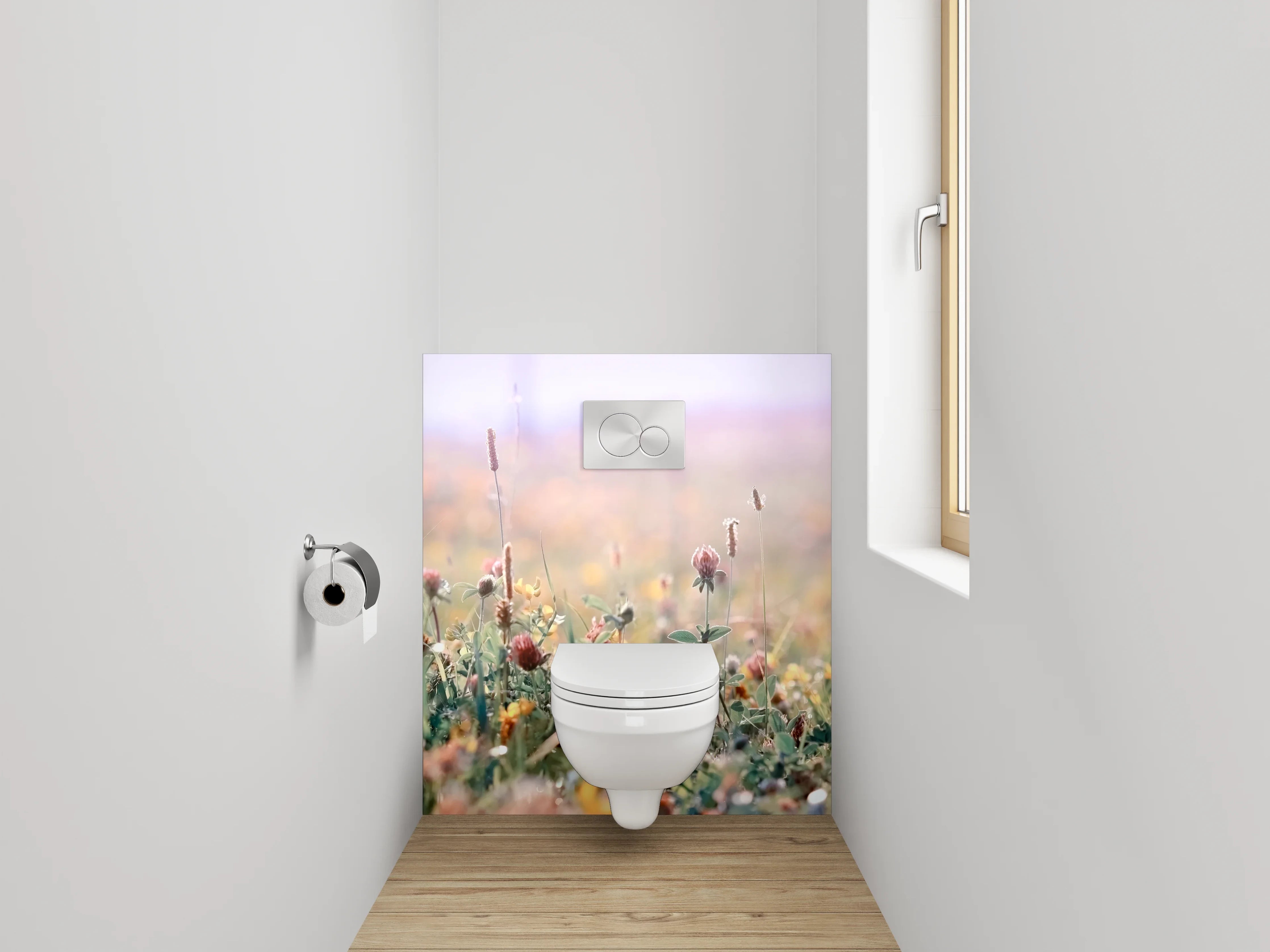 WC-Rückwand - Sanfte Wildblumenwiese im Morgenlicht