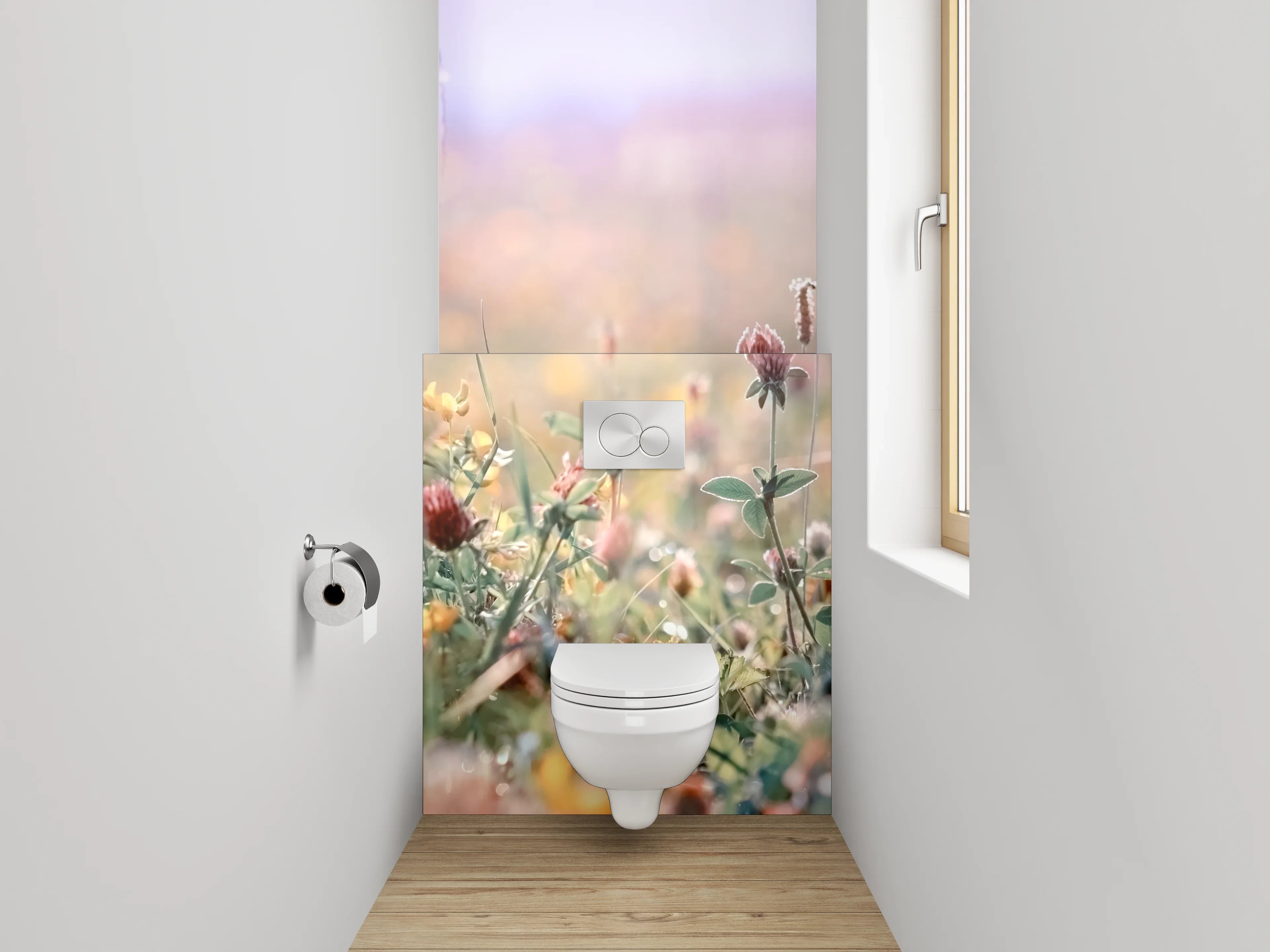 WC-Rückwand - Sanfte Wildblumenwiese im Morgenlicht