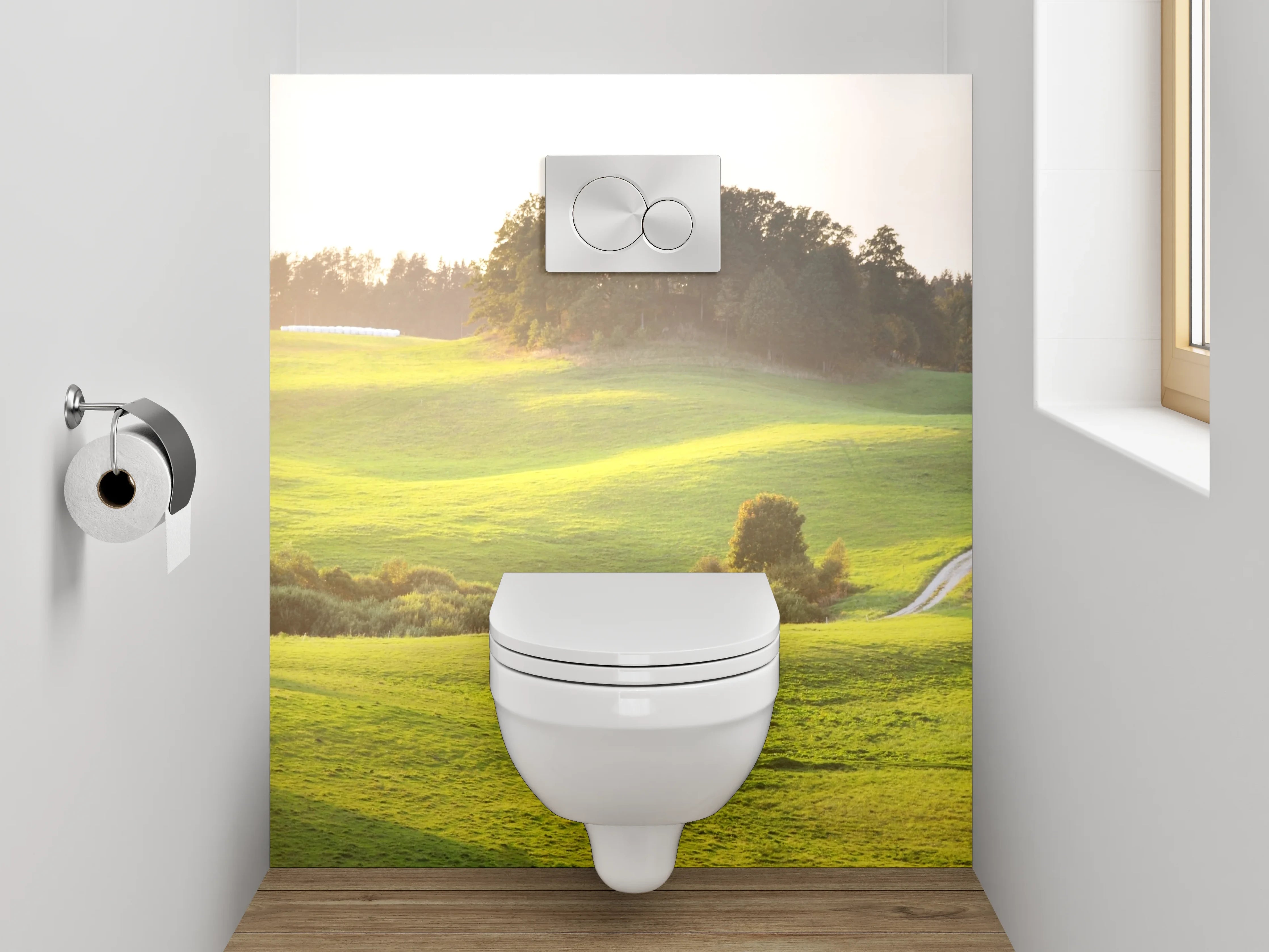 WC-Rückwand - Sanfte grüne Hügellandschaft am Morgen