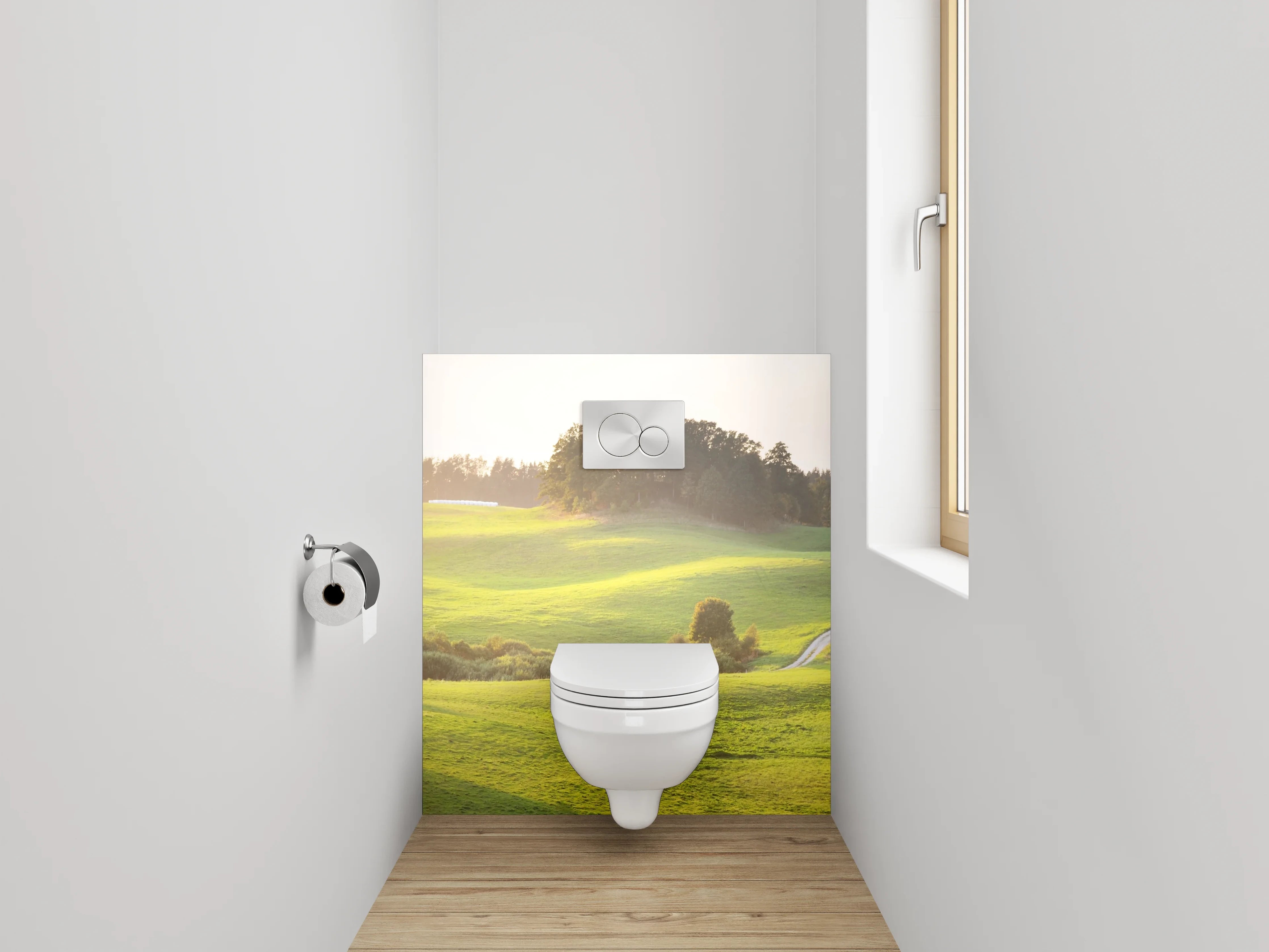 WC-Rückwand - Sanfte grüne Hügellandschaft am Morgen