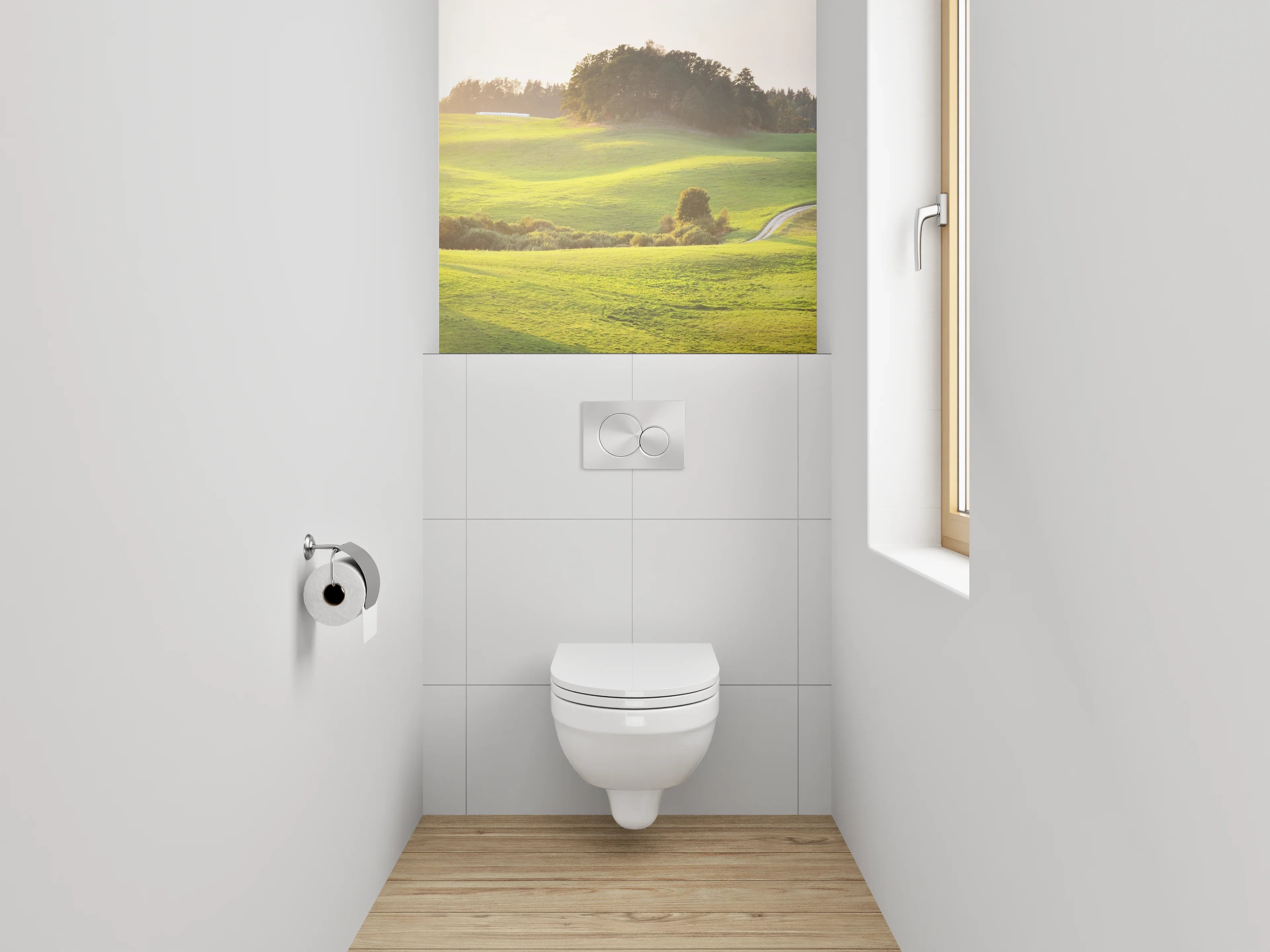 WC-Rückwand - Sanfte grüne Hügellandschaft am Morgen