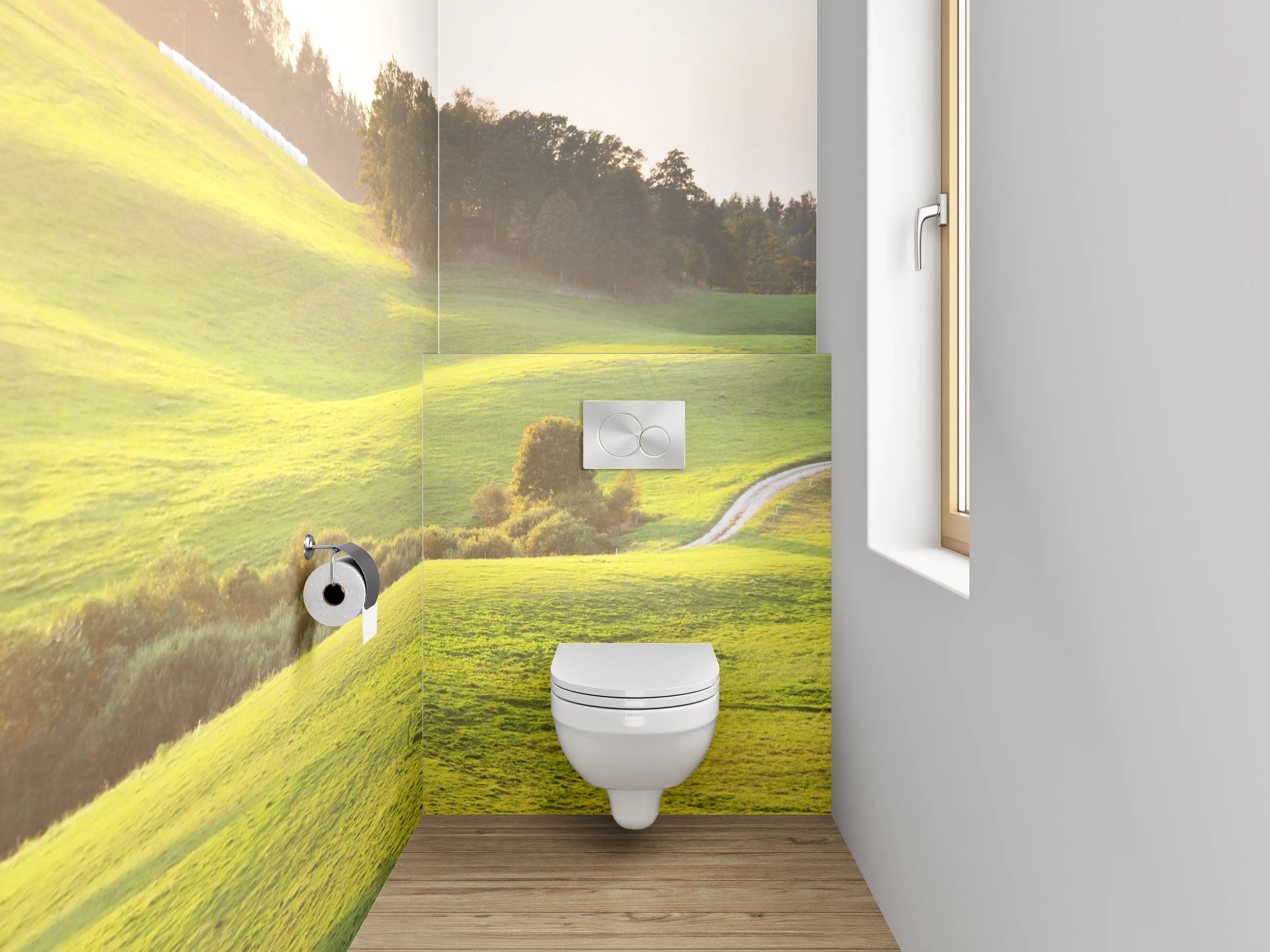 WC-Rückwand - Sanfte grüne Hügellandschaft am Morgen