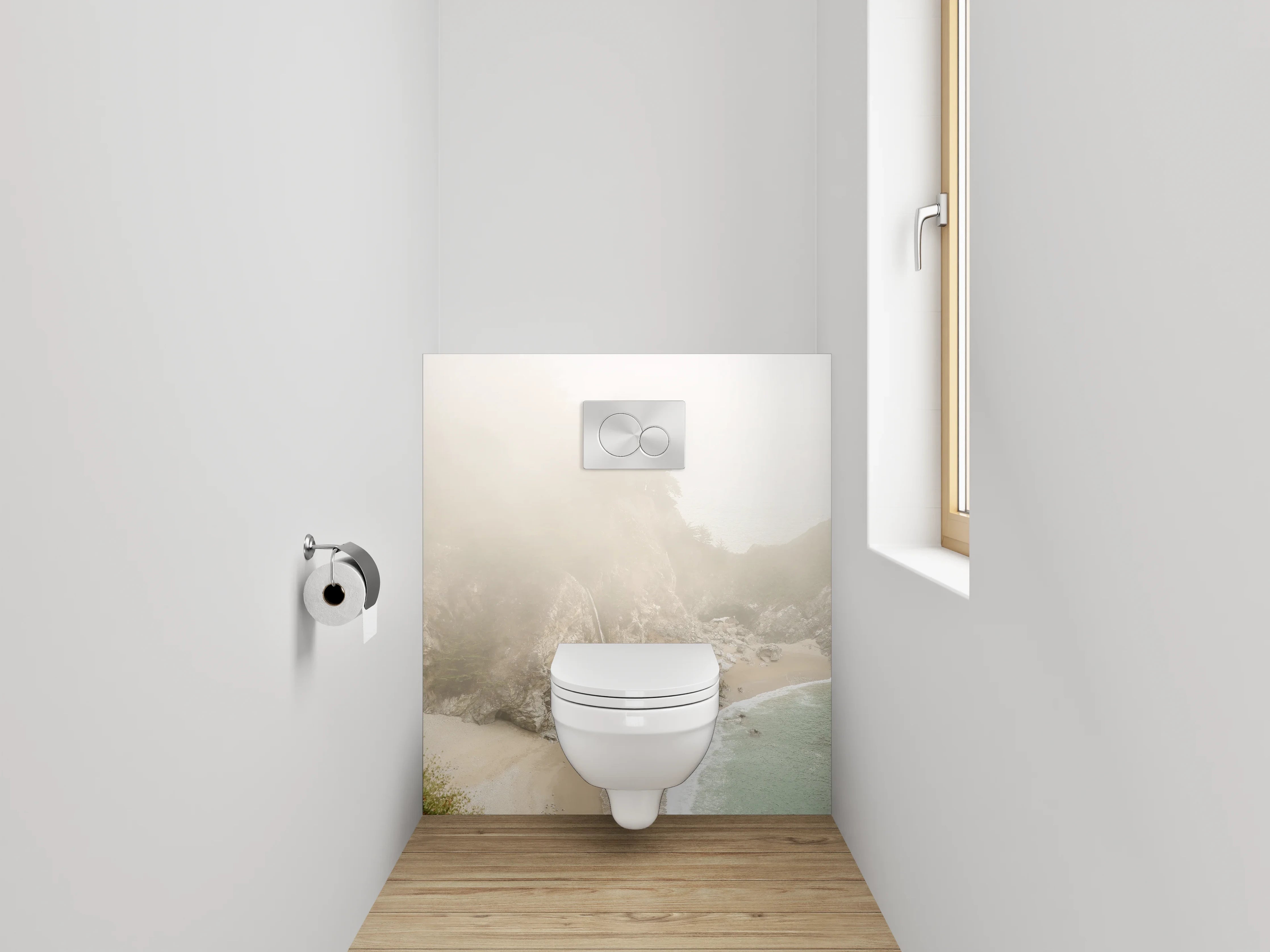 WC-Rückwand - Sanfter Wasserfall an nebliger Küste