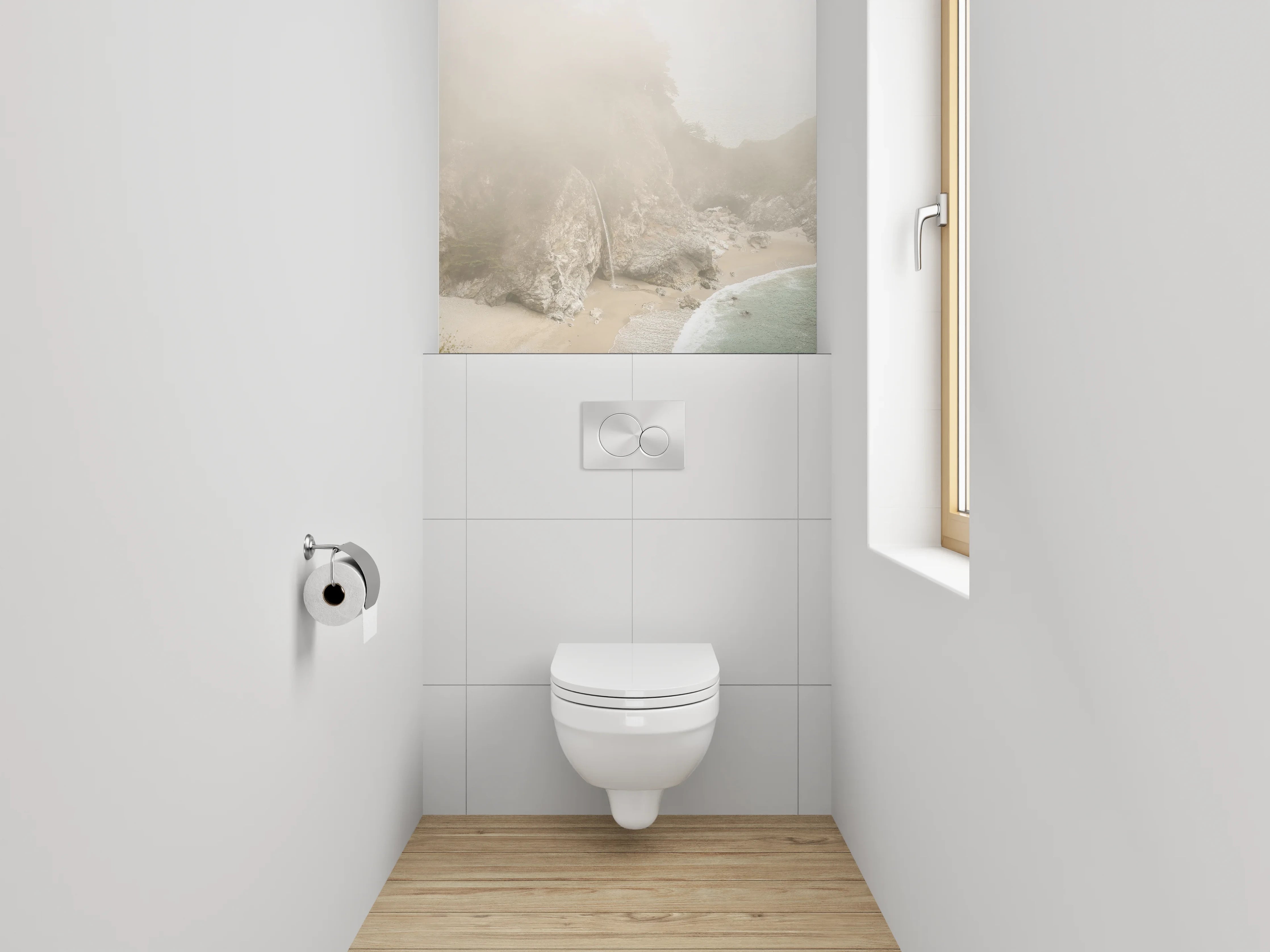 WC-Rückwand - Sanfter Wasserfall an nebliger Küste