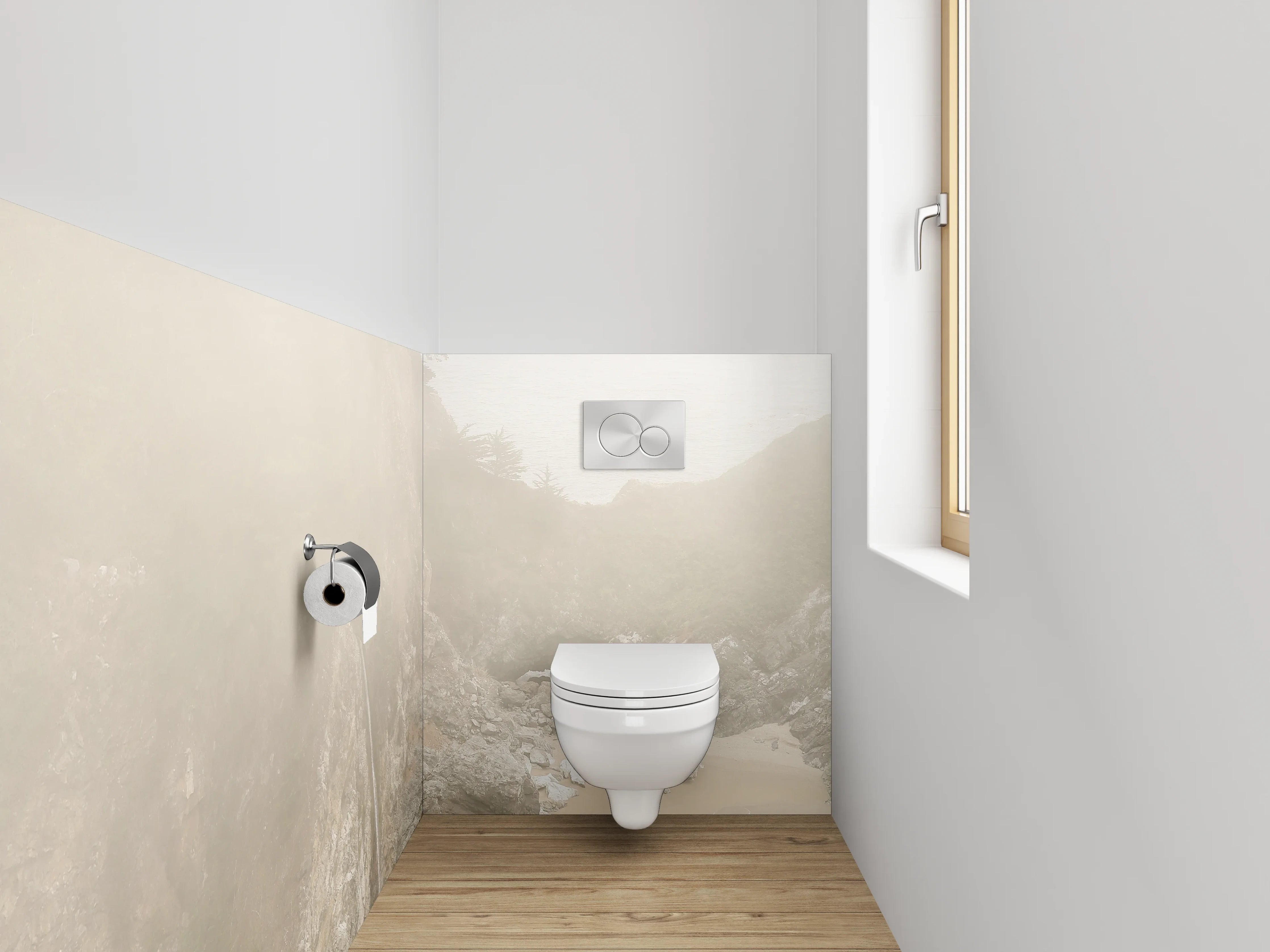 WC-Rückwand - Sanfter Wasserfall an nebliger Küste