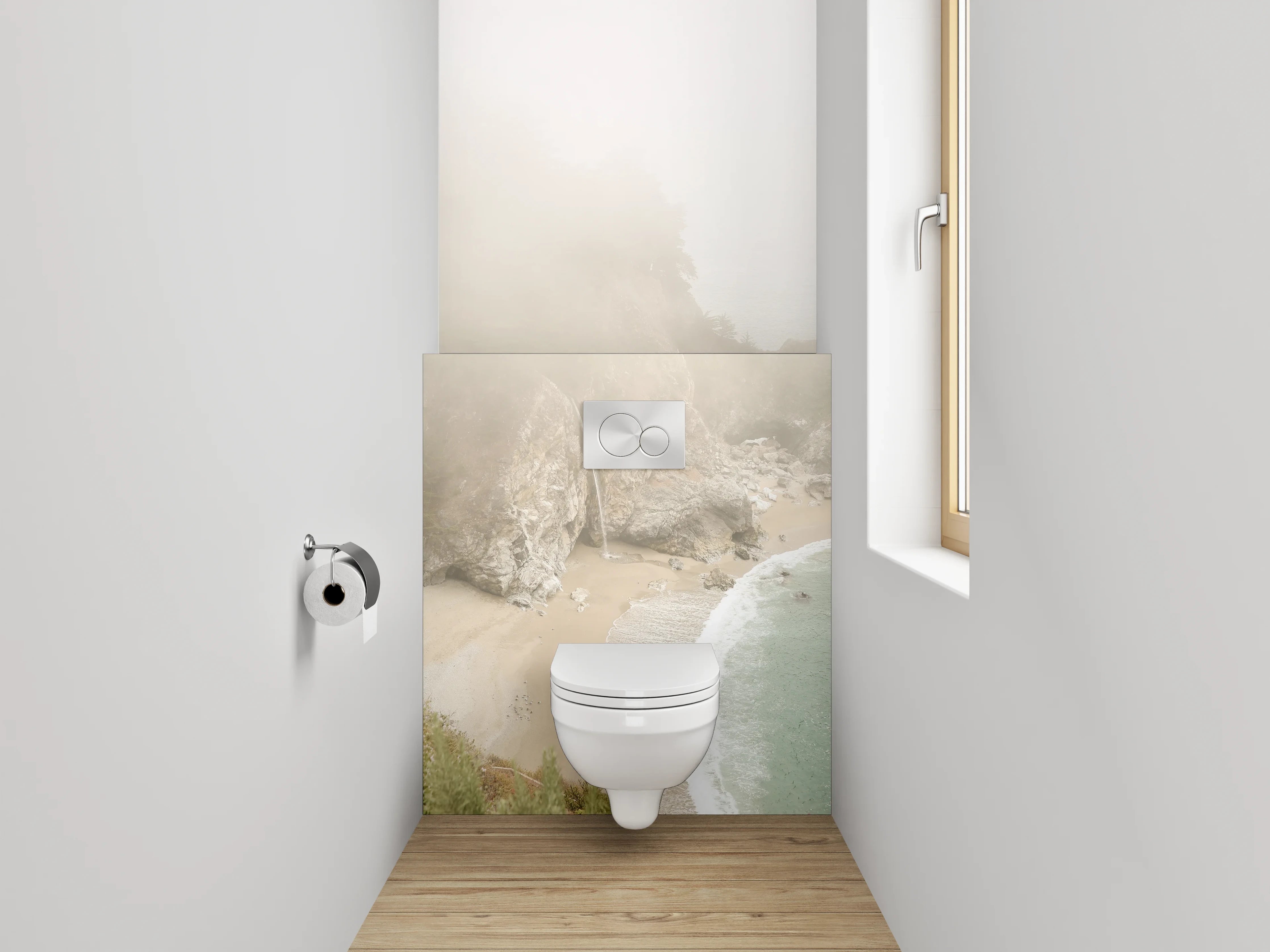 WC-Rückwand - Sanfter Wasserfall an nebliger Küste