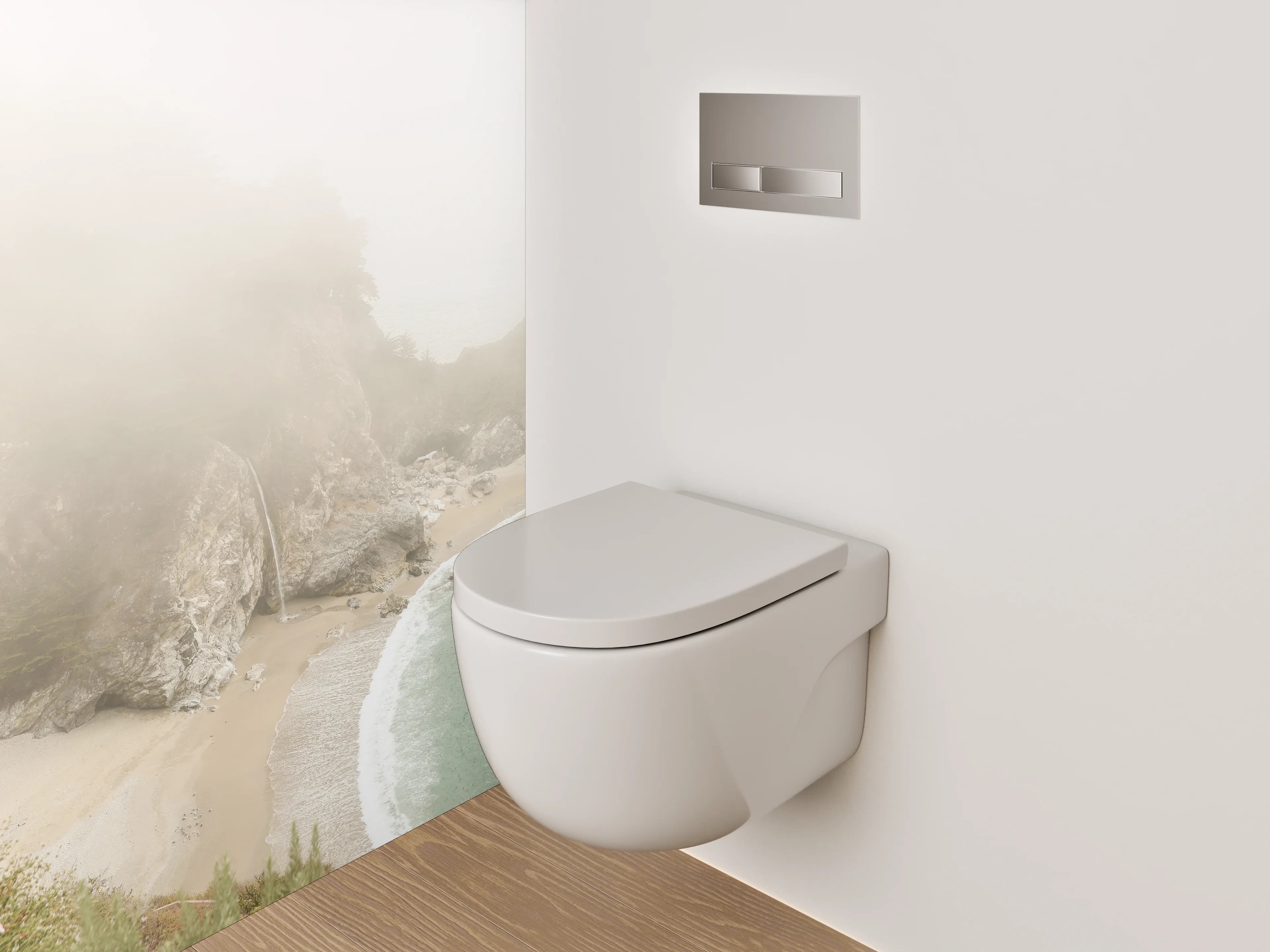 WC-Rückwand - Sanfter Wasserfall an nebliger Küste