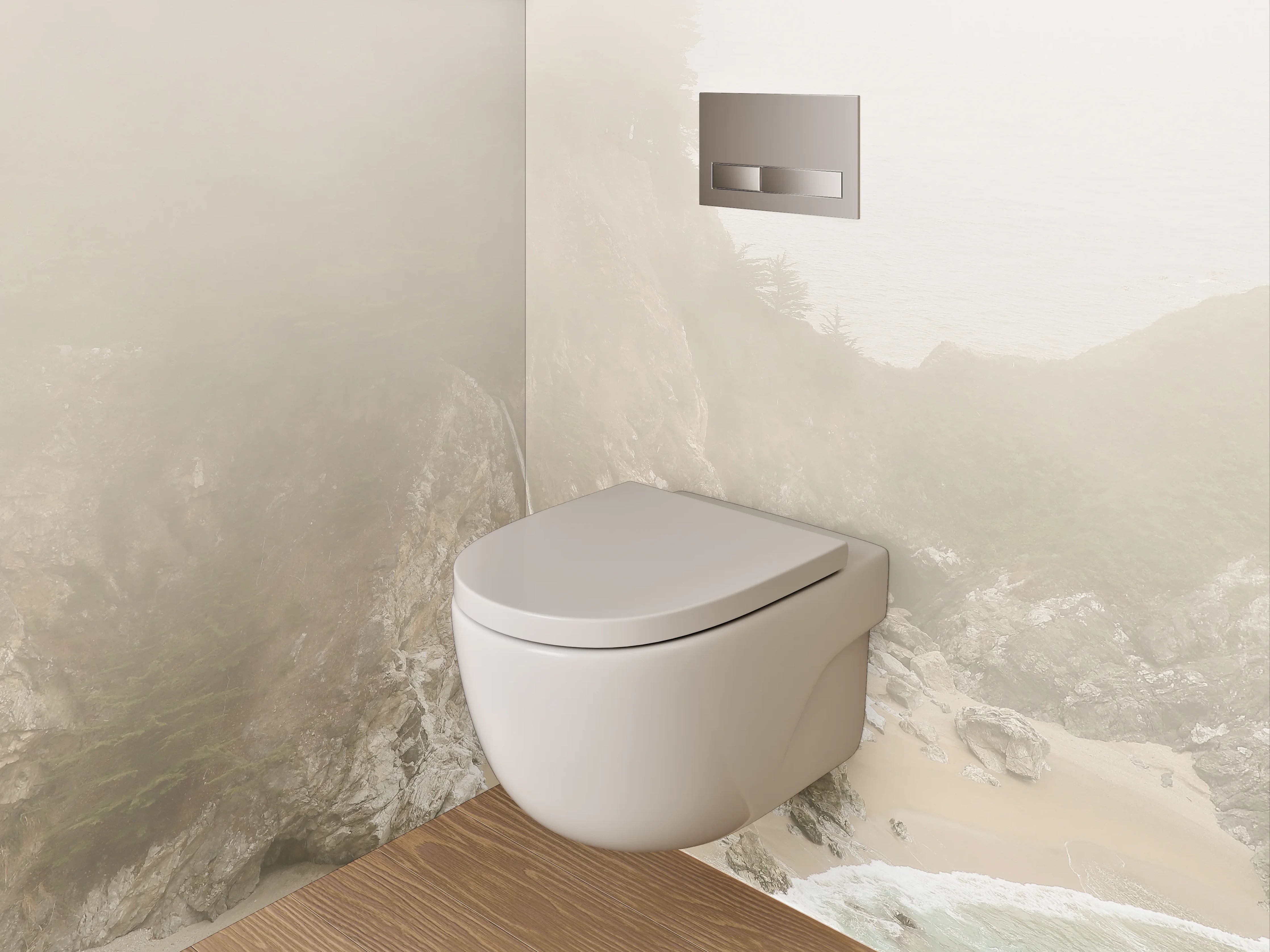 WC-Rückwand - Sanfter Wasserfall an nebliger Küste