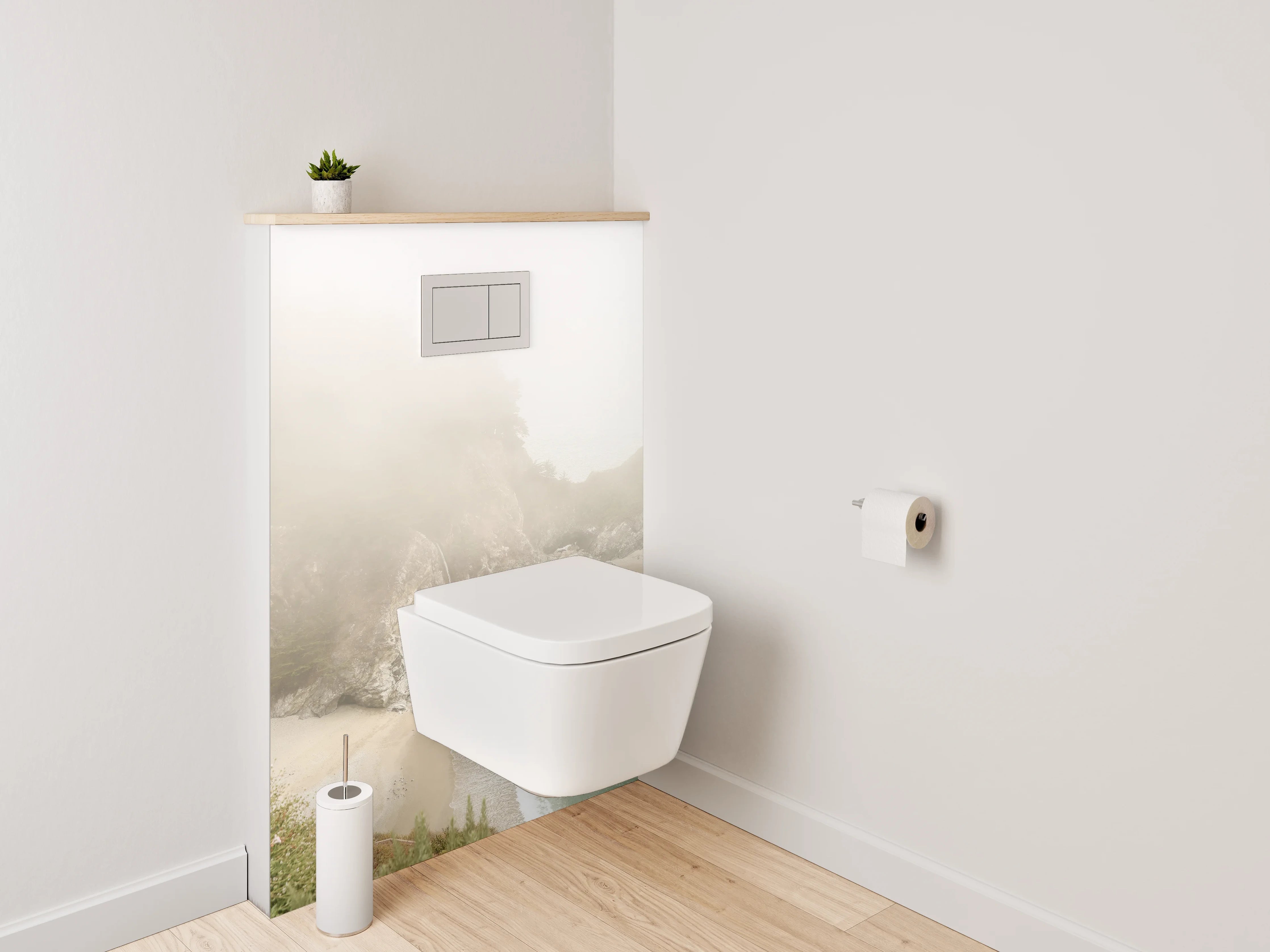 WC-Rückwand - Sanfter Wasserfall an nebliger Küste