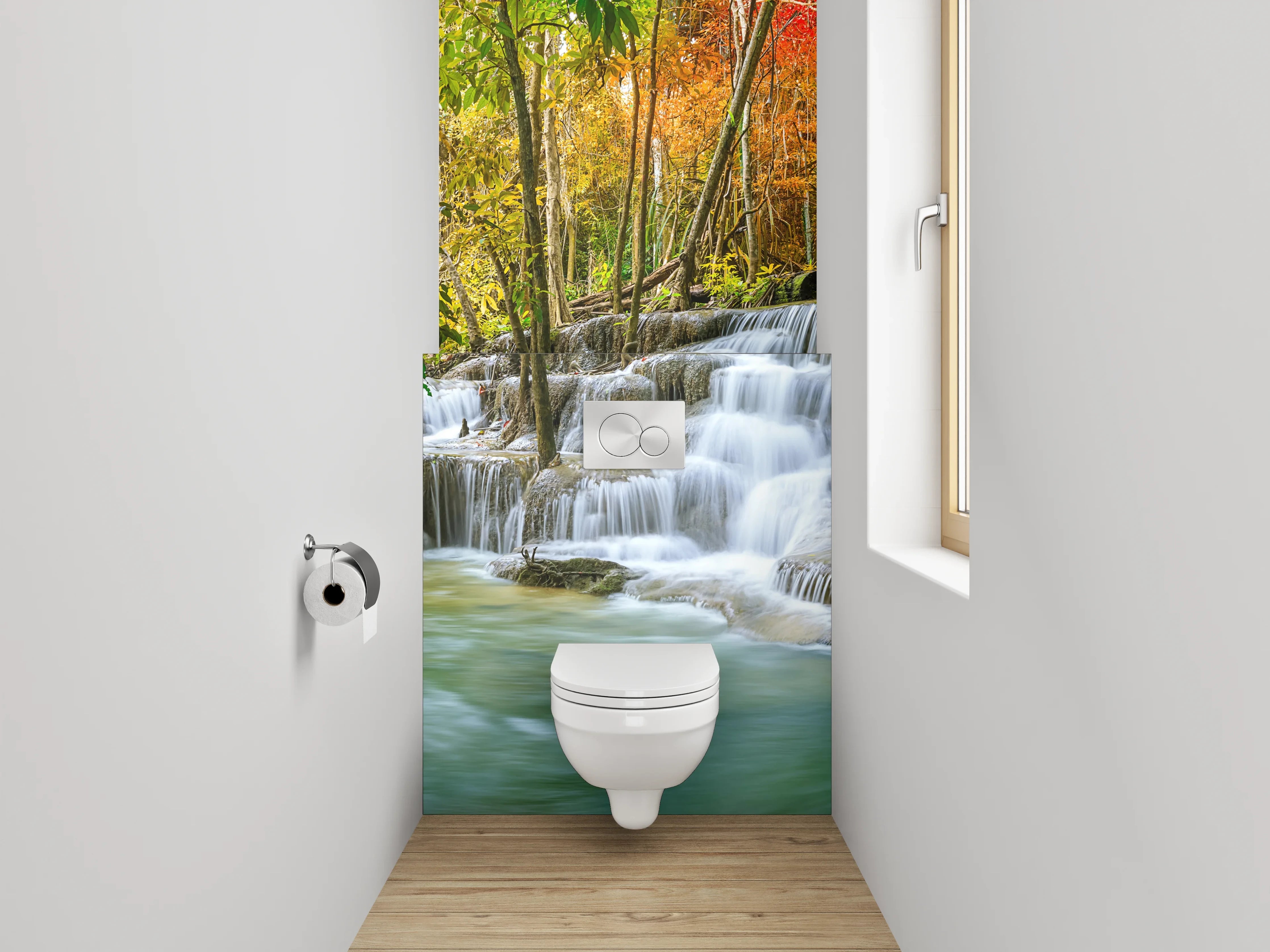 WC-Rückwand - Sanfter Wasserfall im Herbstgrau