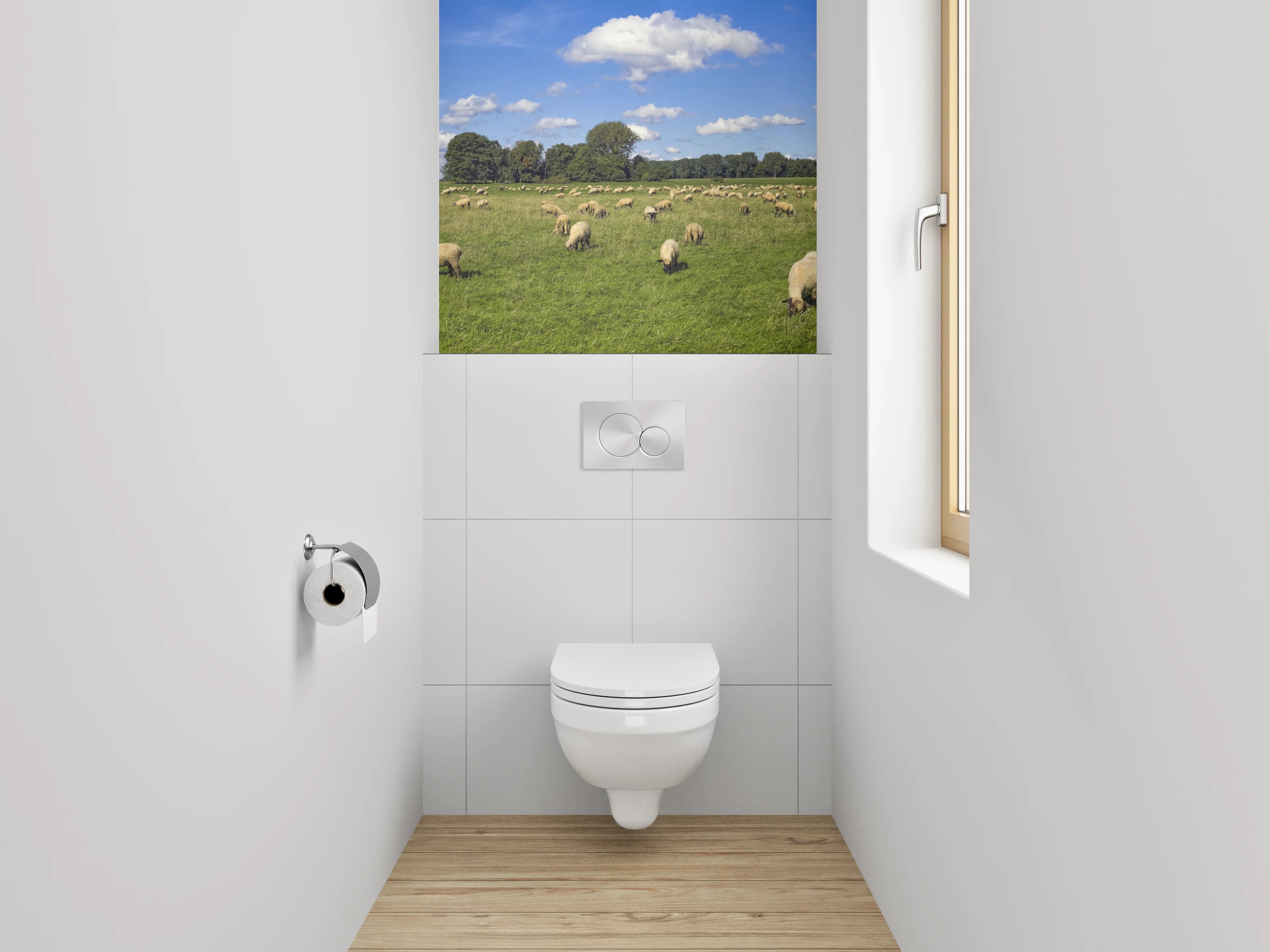 WC-Rückwand - Schäferidylle auf grüner Wiese Panorama