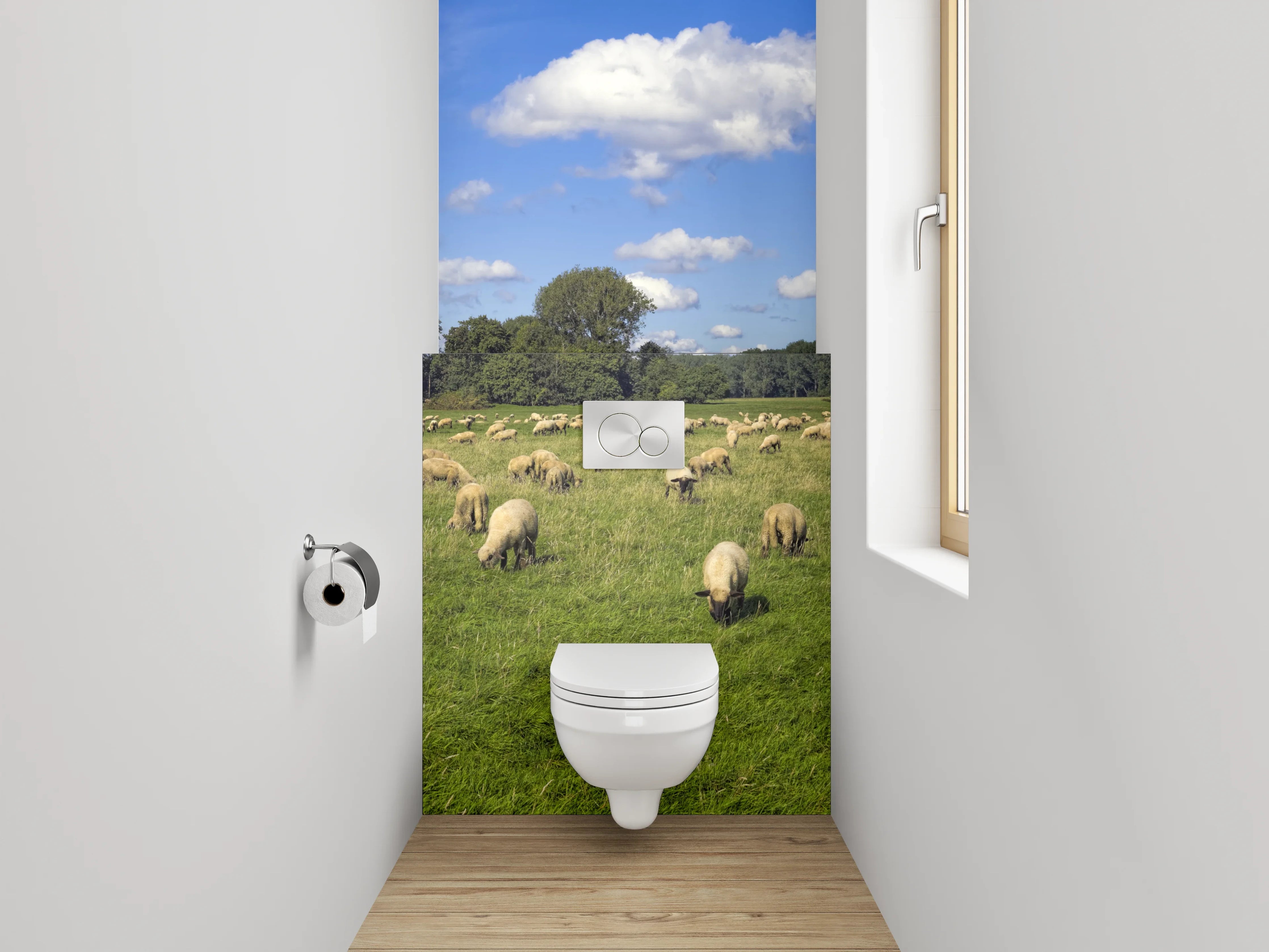 WC-Rückwand - Schäferidylle auf grüner Wiese Panorama