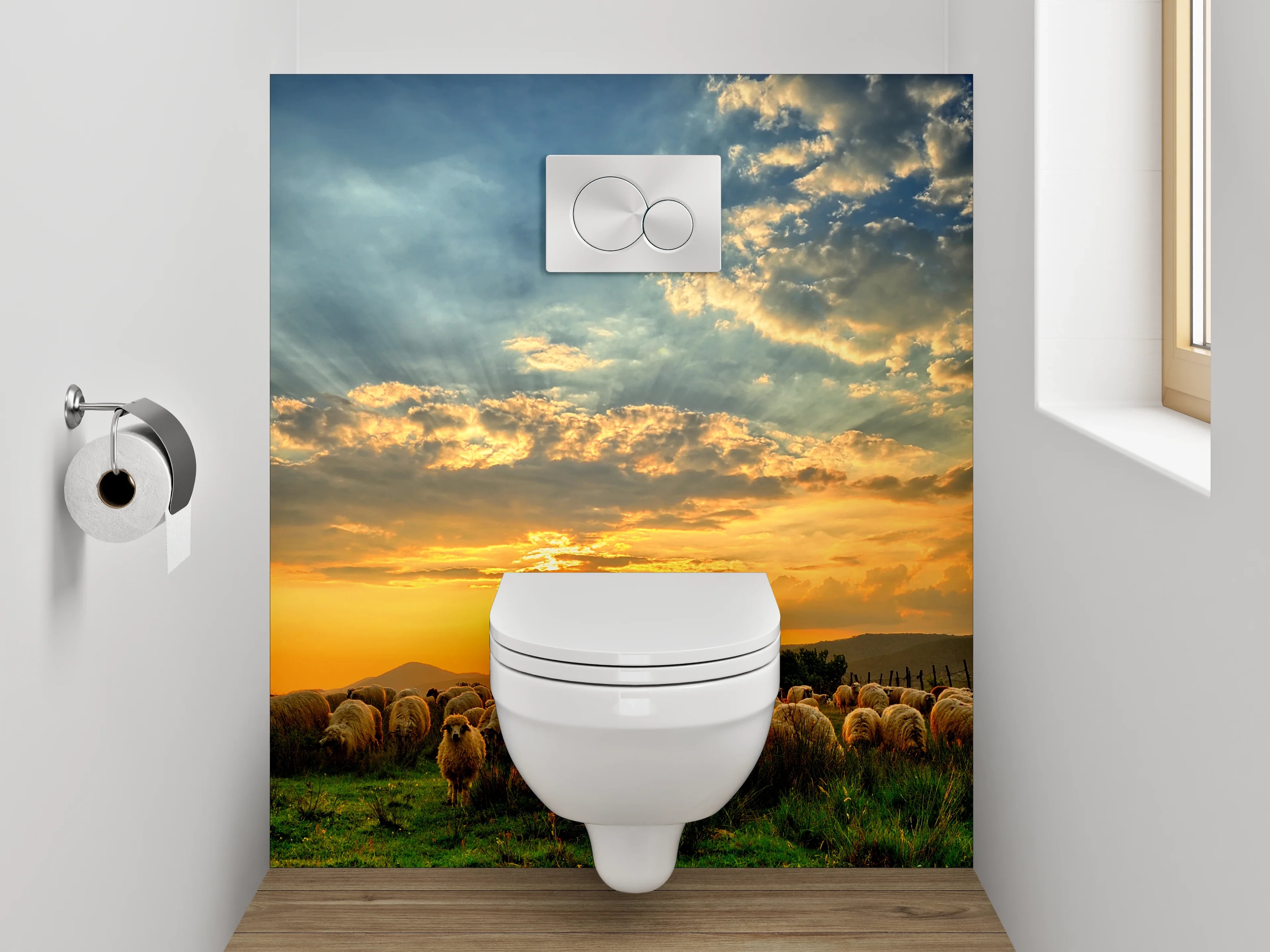 WC-Rückwand - Schafe auf der Weide bei Sonnenuntergang