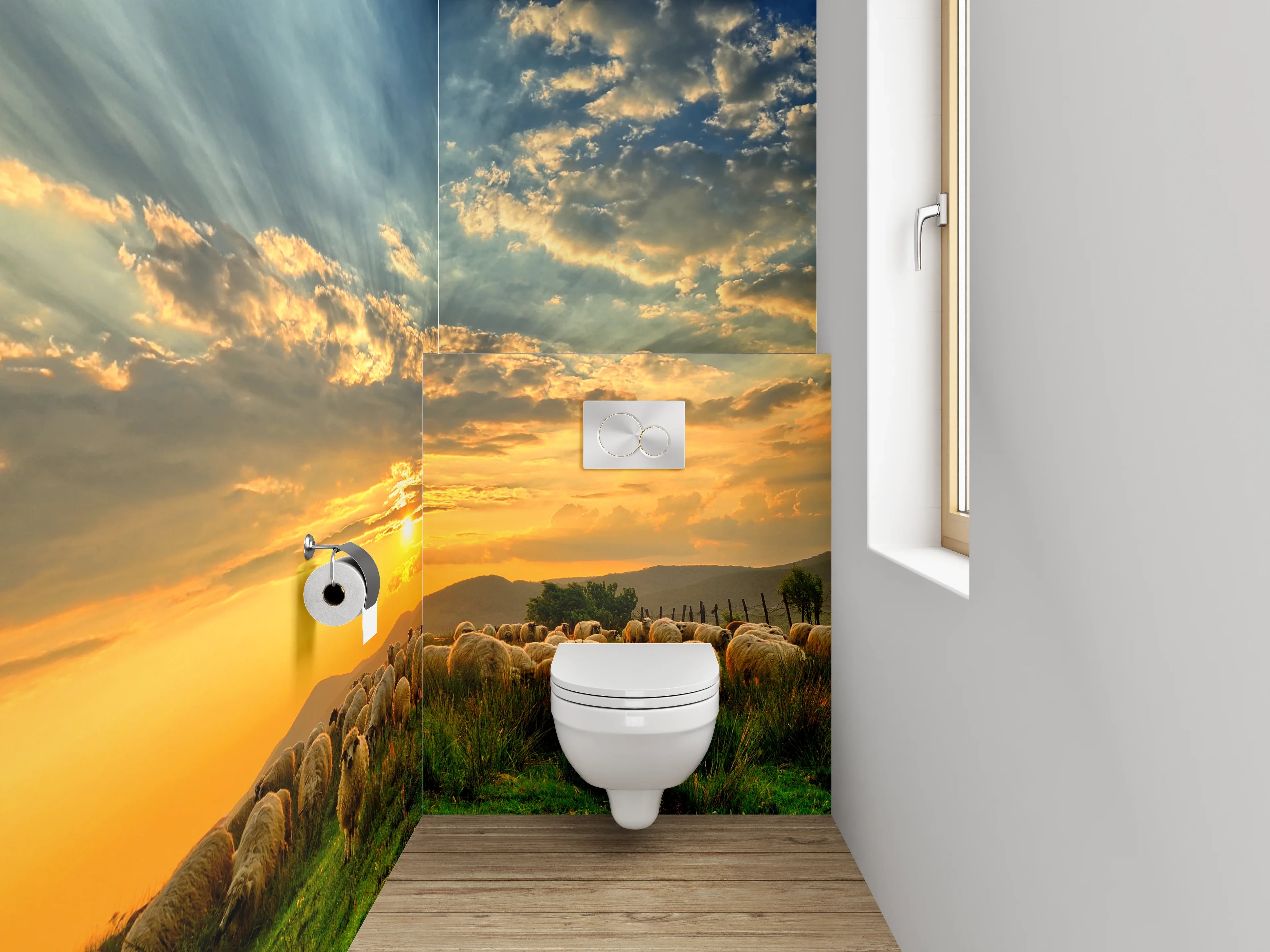 WC-Rückwand - Schafe auf der Weide bei Sonnenuntergang